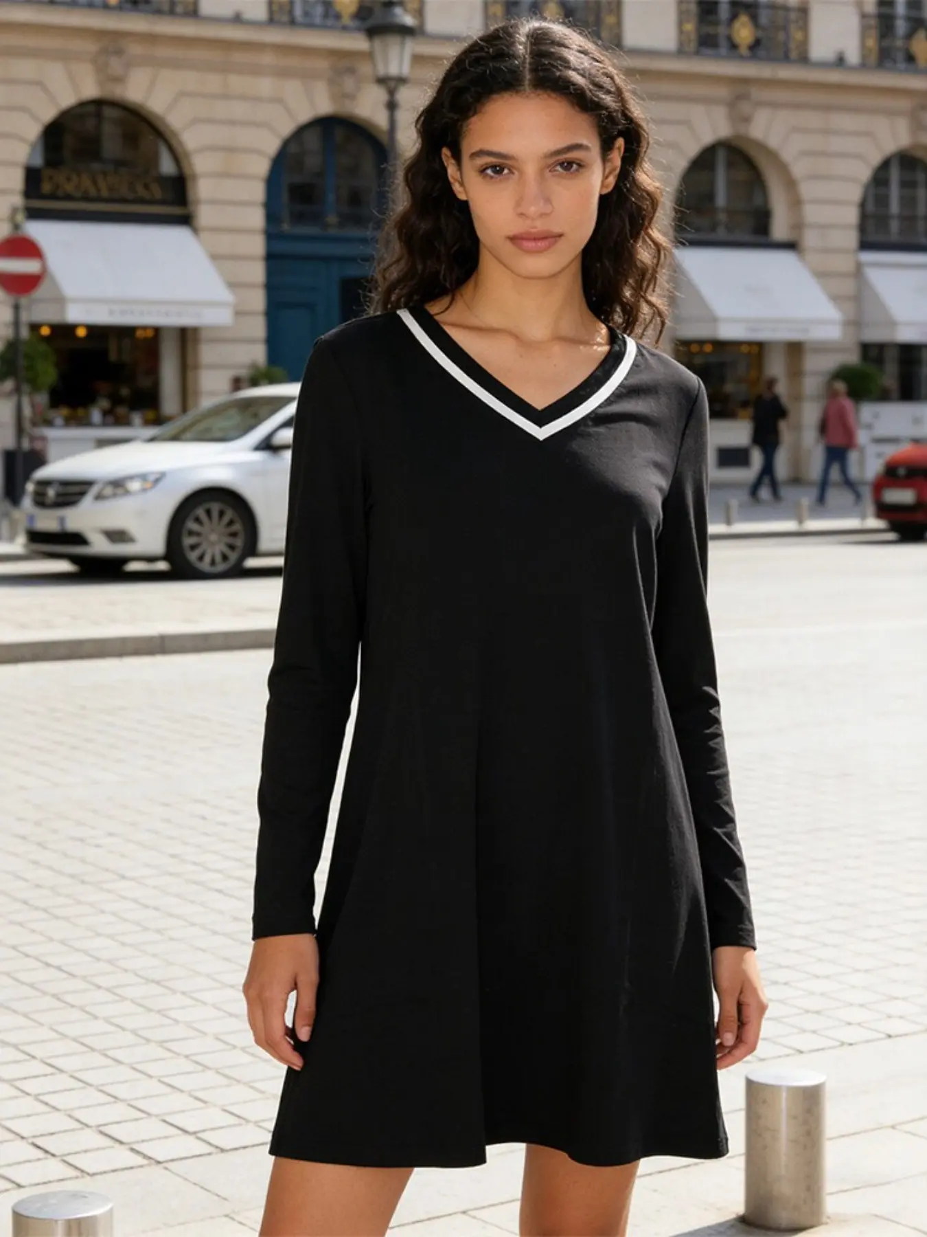 Women's Colorblock V Neck Long Sleeve Dress, Simple Fashion Casual Slimming a Line Skirt, Versatile and Stylish Everyday Wear