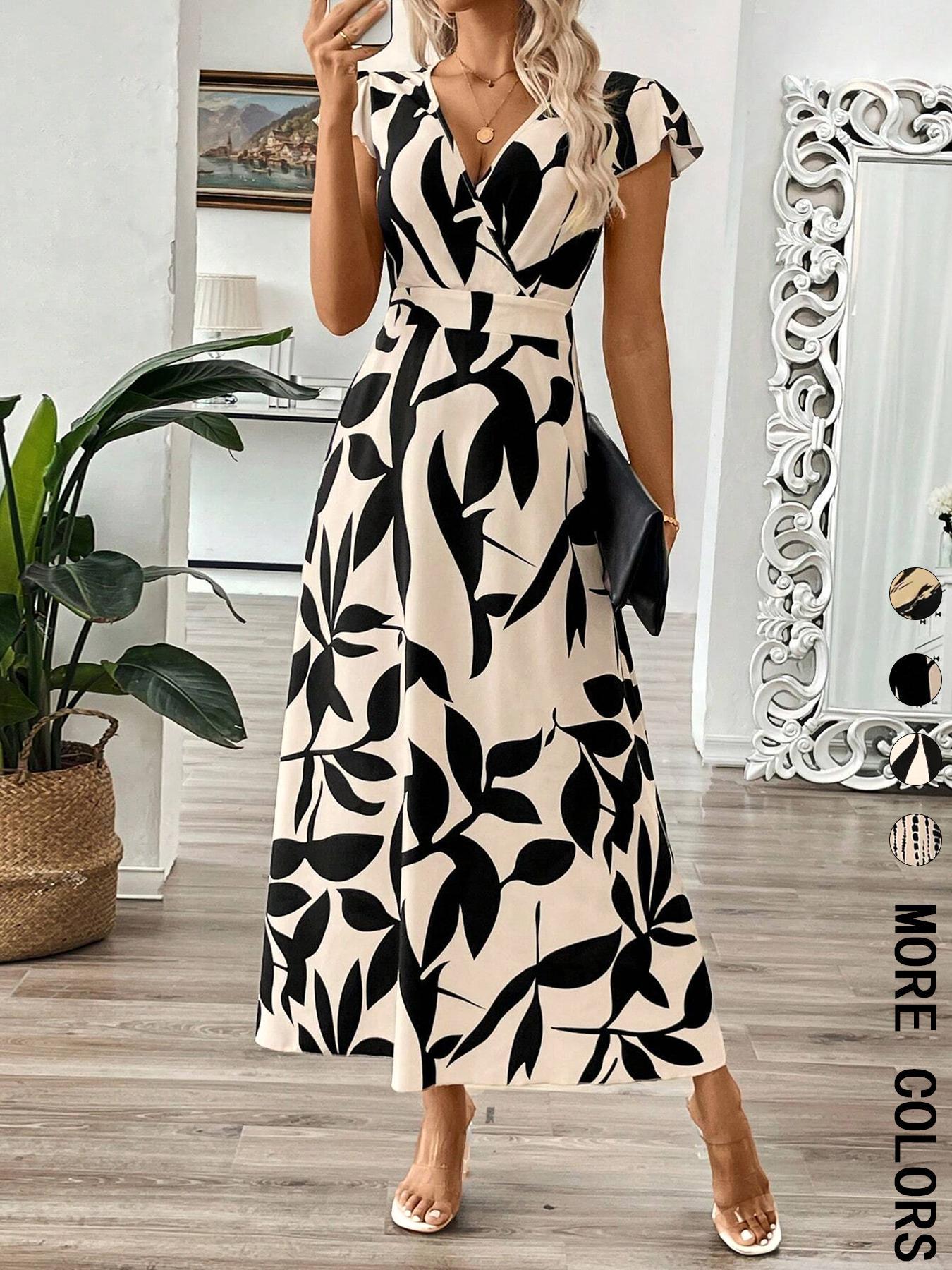 Women's Floral Print V Neck Dress, Boho Short Sleeve A-line Dress for Beach Holiday Vacation, Ladies Summer Clothes, Bohemian Boho Casual