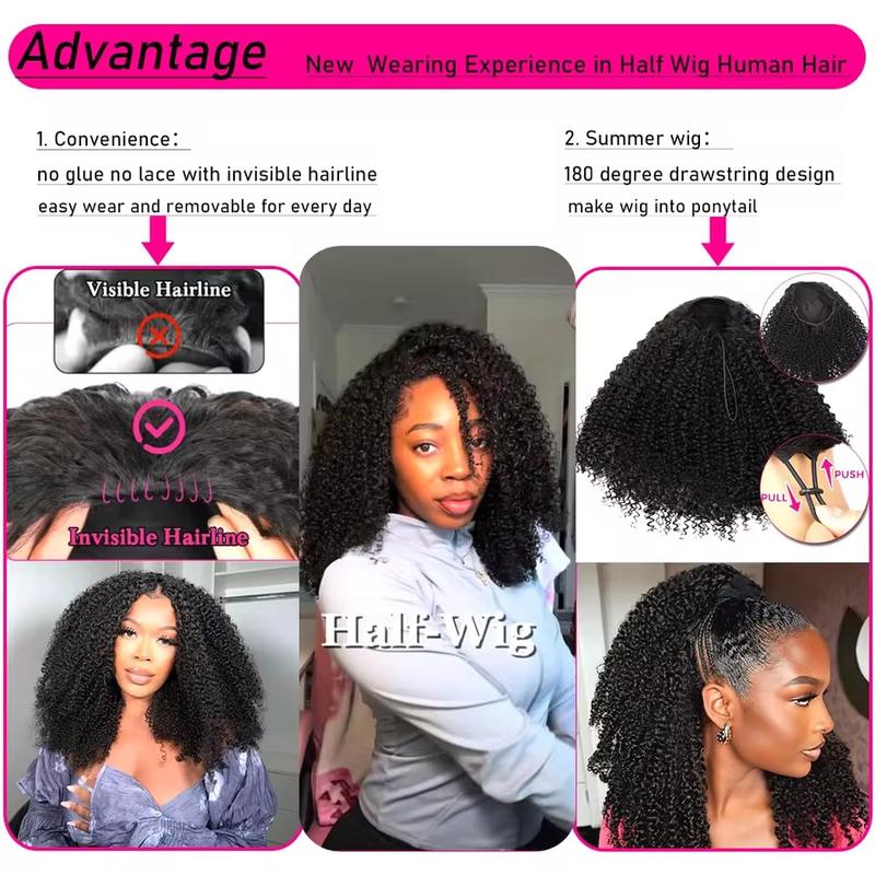 [3 IN 1] Half Wig Beginner Friendly Glueless Human Hair Wigs Deep Wave Seamless Flip Over Half Wig Invisible Hairline Kinky Curly Wigs for Women With Drawstring