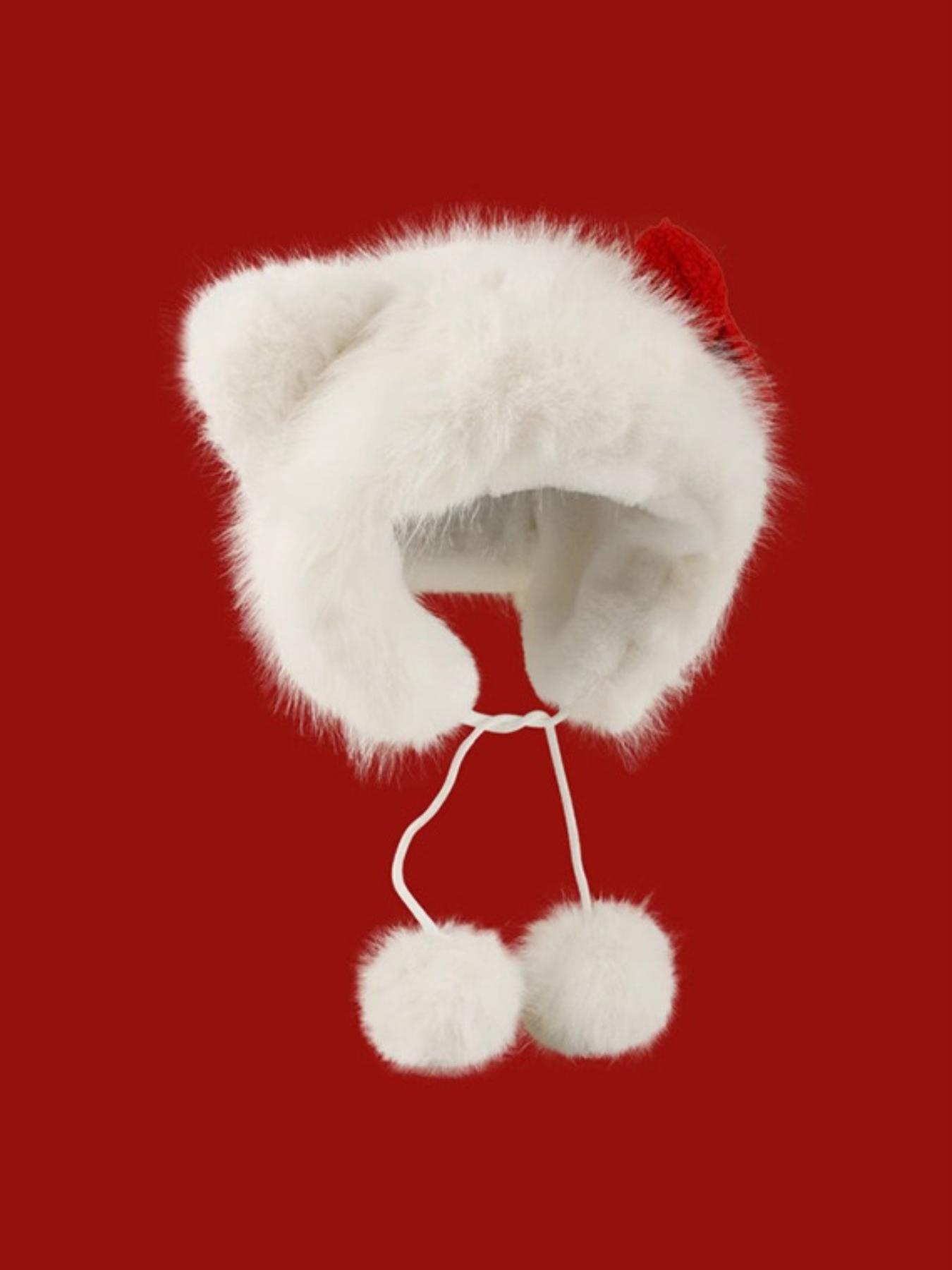 Cute Cat Ear Design Pom Pom Decor Plush Hat, Acrylic Hat, Cute Earflap Hat, New Style Bowknot Design Warm Hat for Fall & Winter, Fashion Accessories for Women