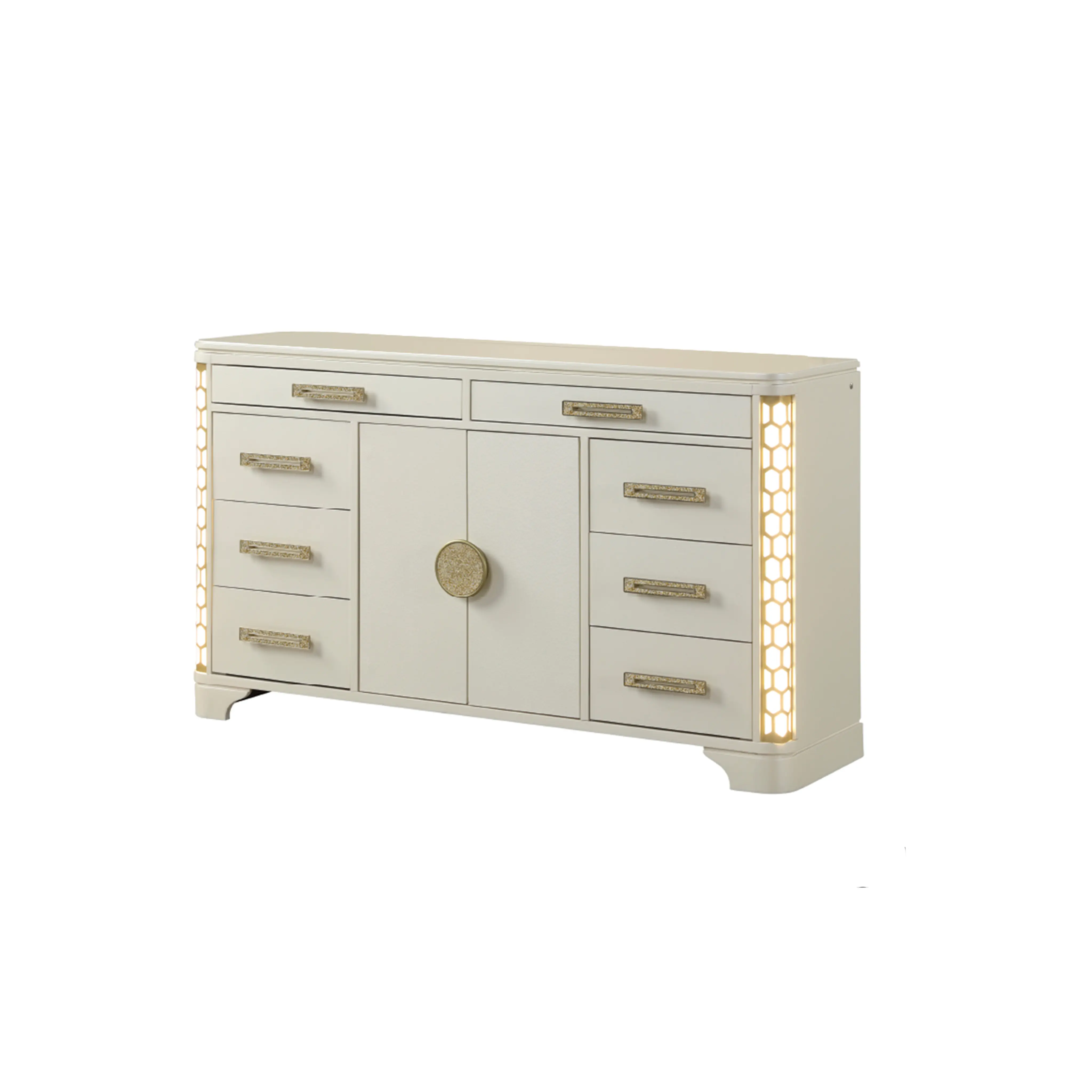 Nokaa 8-Drawer Dresser for Bedroom, Acacia Wood & MDF Beige Chest with LED Lights, Gold Accent Pulls, Spacious Storage, Contemporary Modern Style, 18x63x37 Inches