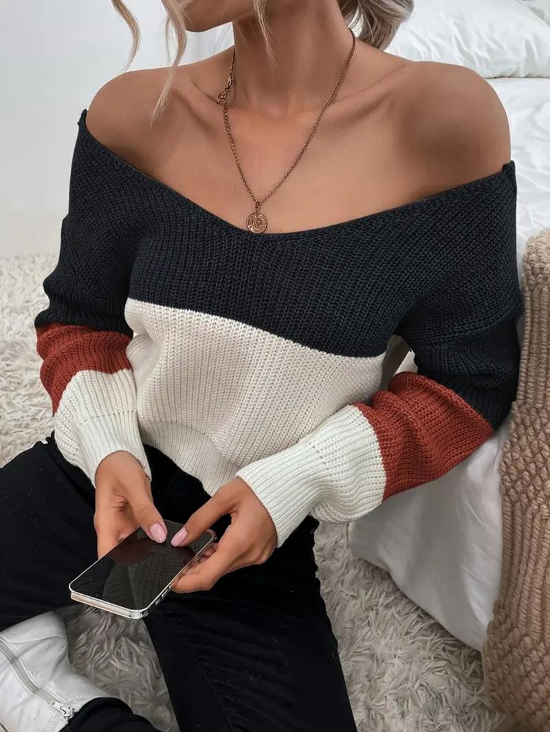 Elegant Off-Shoulder Colorblock Knit Sweater Top, Casual V Neck Twist Design, Spring & Fall Fashion, Fitted Medium Fabric, Knitwear