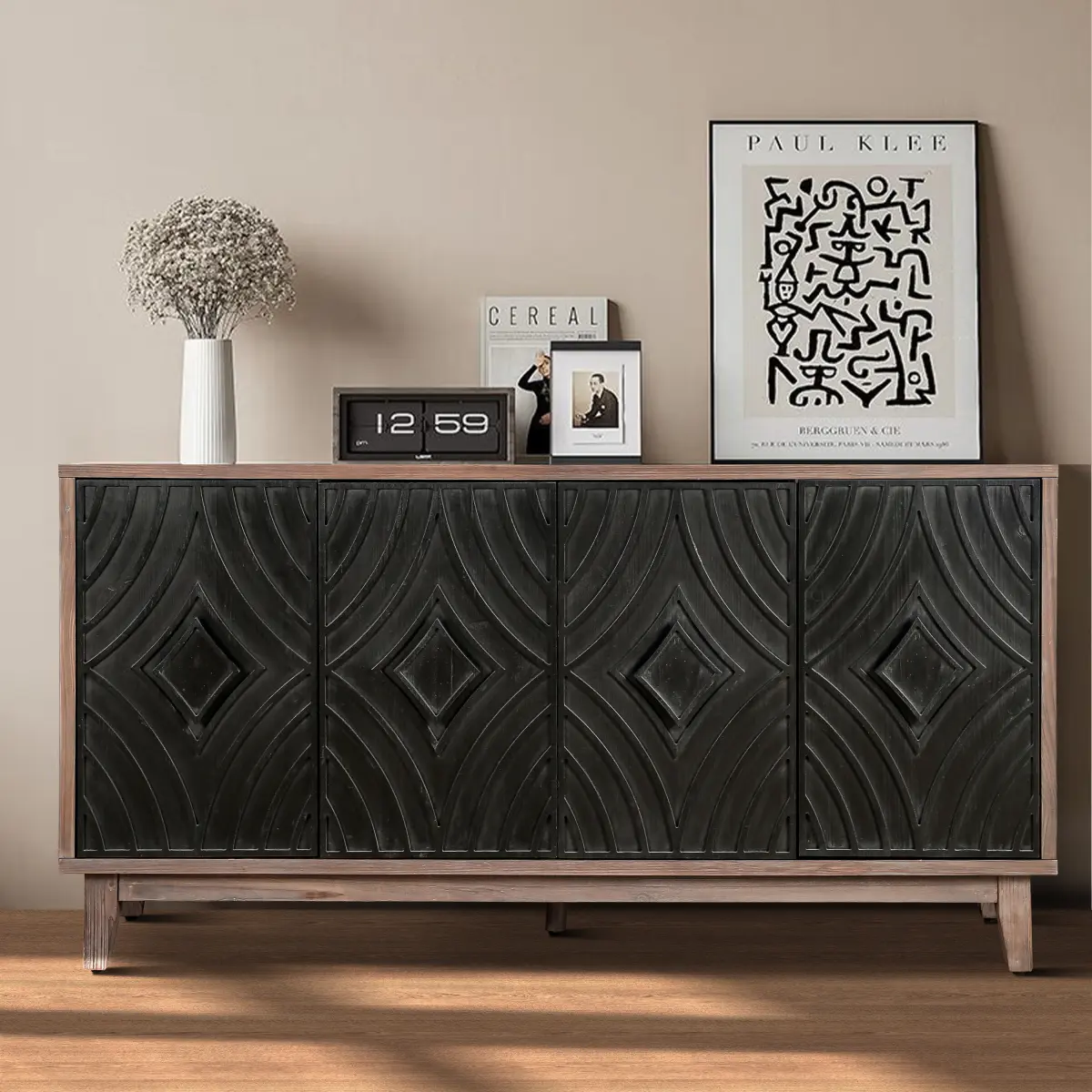 Aobtkel Mid-Century Sideboard Buffet Cabinet - 60" Width Solid Wood Legs, 4 Convex Diamonds Doors, 2 Shelves, Country Antique Credenza, Easy Assembly Large Storage for Living Room, Entrance Hall WL