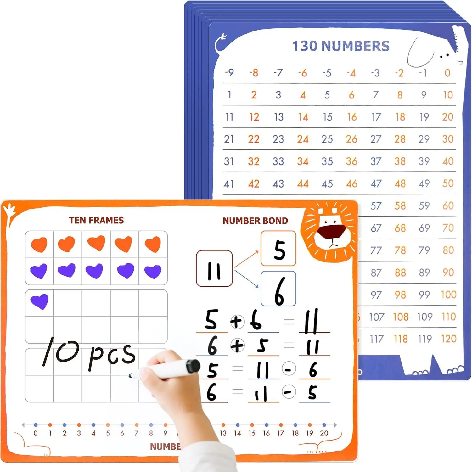 10 count Small Dry Erase Boards and Math Manipulatives -  12"x9" Double Sided Whiteboard with Number Line, 130 Numbers Chart for Classroom Homeschool