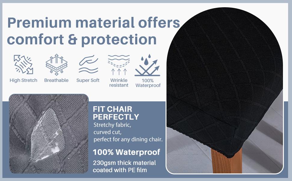 100% Waterproof Chair Covers for Dining Chair Set of 6, Stretchy Soft Parson Chair Covers Removable Washable Dining Room Chair Slipcovers with Elastic for (Black)