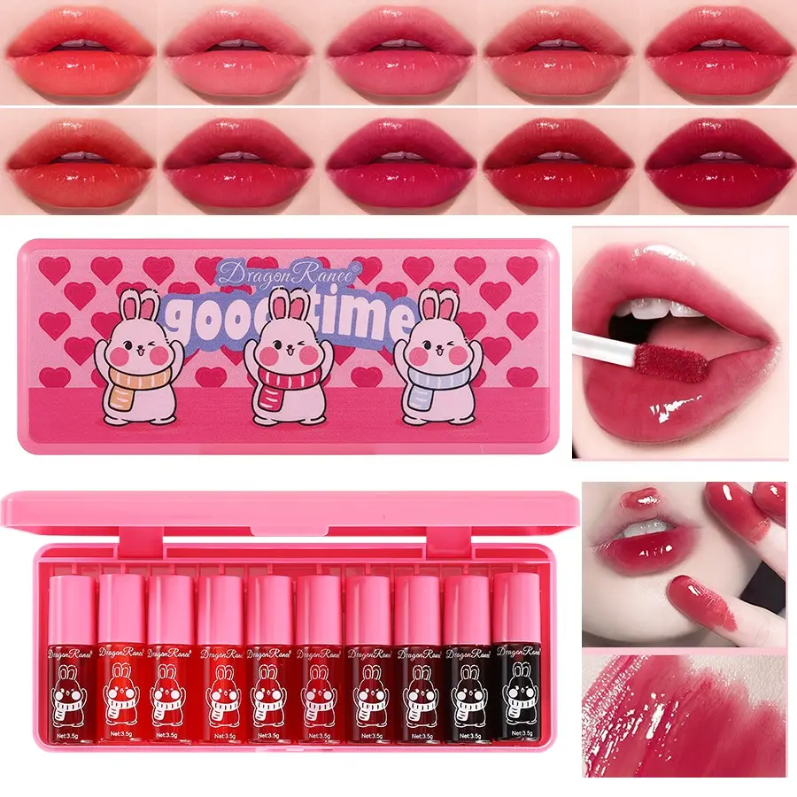 10Pcs Cartoon Rabbit Liquid Lip Tint Set, Dual Use Lip & Cheek Stain, Long Lasting Non Transfer Lip Gloss, Cute Makeup Gift Kit Juice Lip Stain