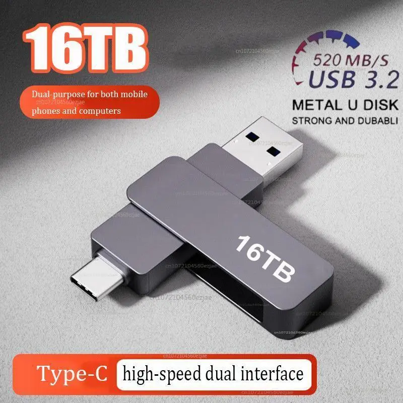 16TB USB 3.2 High-Speed Transfer Metal Flash Drive, 1TB/2TB Options, 69*19*5.5mm Waterproof Anti-Electromagnetic Memory Stick, Black-16TB 2026 New Edition