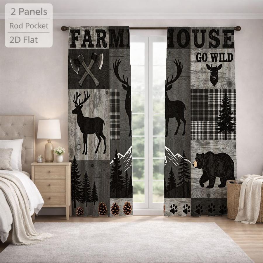 2Pcs Rustic Woodland Animal Deer Bear Plaid Patchwork Sun Blocking Curtains Digital Printed Rod Pocket, Window Treatment For Bedroom Office Kitchen Living Room Study Home Decor