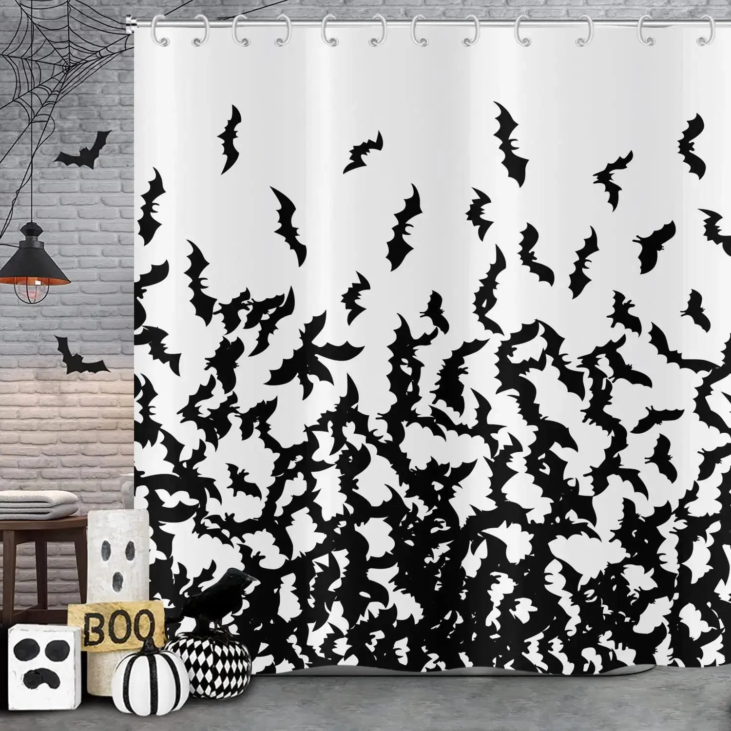 Scary Black Bat Funky Shower Curtain with Hooks, Halloween Bathroom Decor