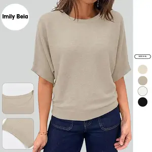 Imily Bela Womens Short Sleeve Sweater Summer Batwing Trendy Casual Boat Neck Lightweight Loose Fitting Knit Tops