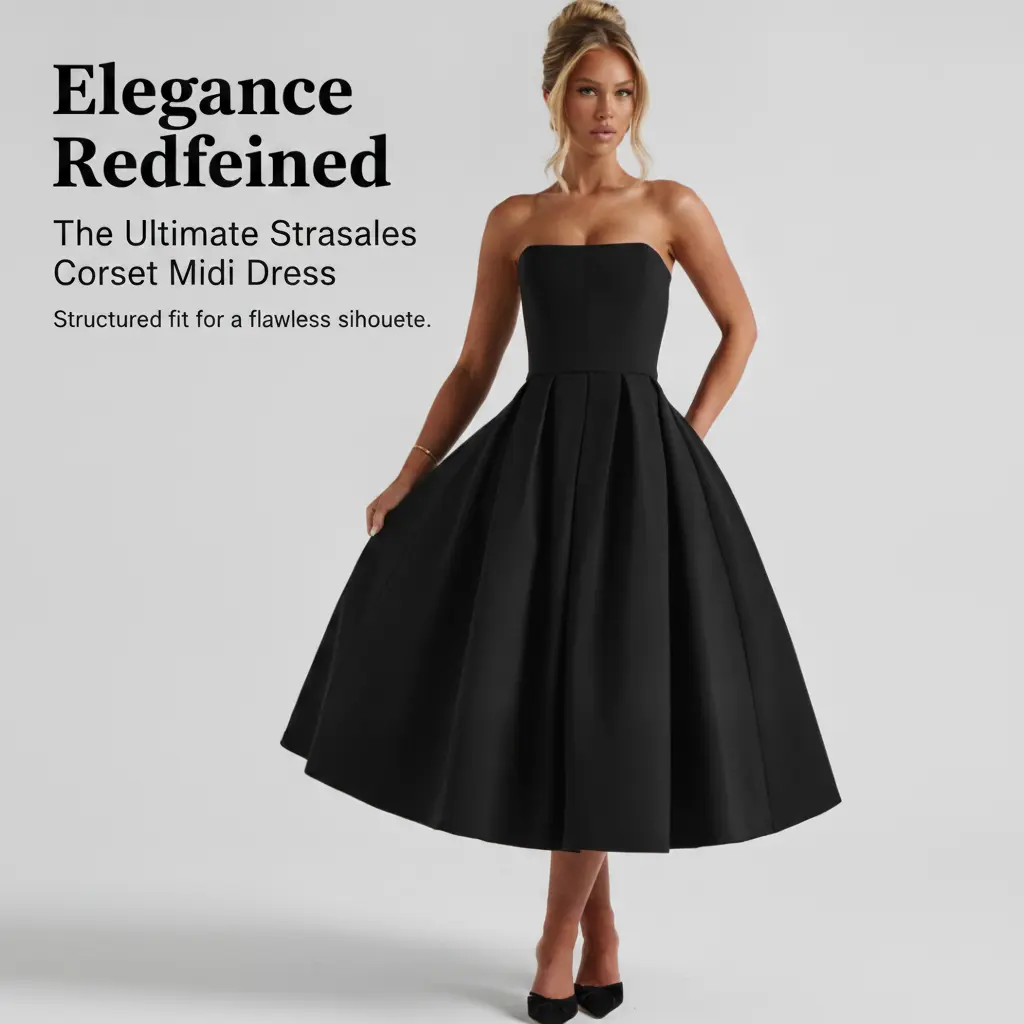 Women Strapless Tube Neck Corset Seam Fit Pleated Flare Midi Dress Structured A Line Cocktail Wedding Guest Evening Party Sundress