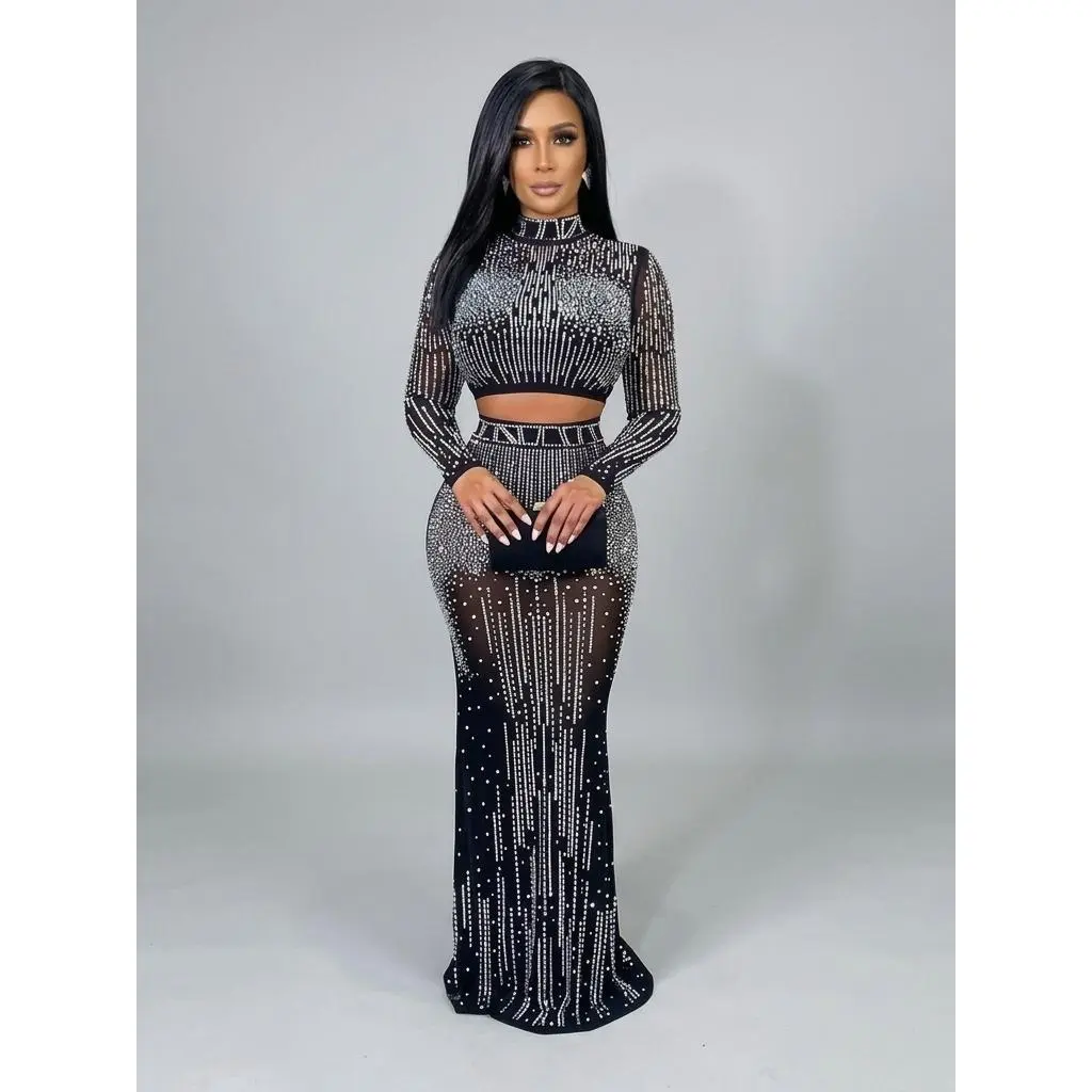 Women's Sexy Glitter Rhinestone Sheer Crop Top & Bodycon Skirt Set, Long Sleeve Mock Neck Top & Maxi Skirt Set for Party Club Dating, Ladies Summer Clothes, Womenswear Luxe Set Elegant Set