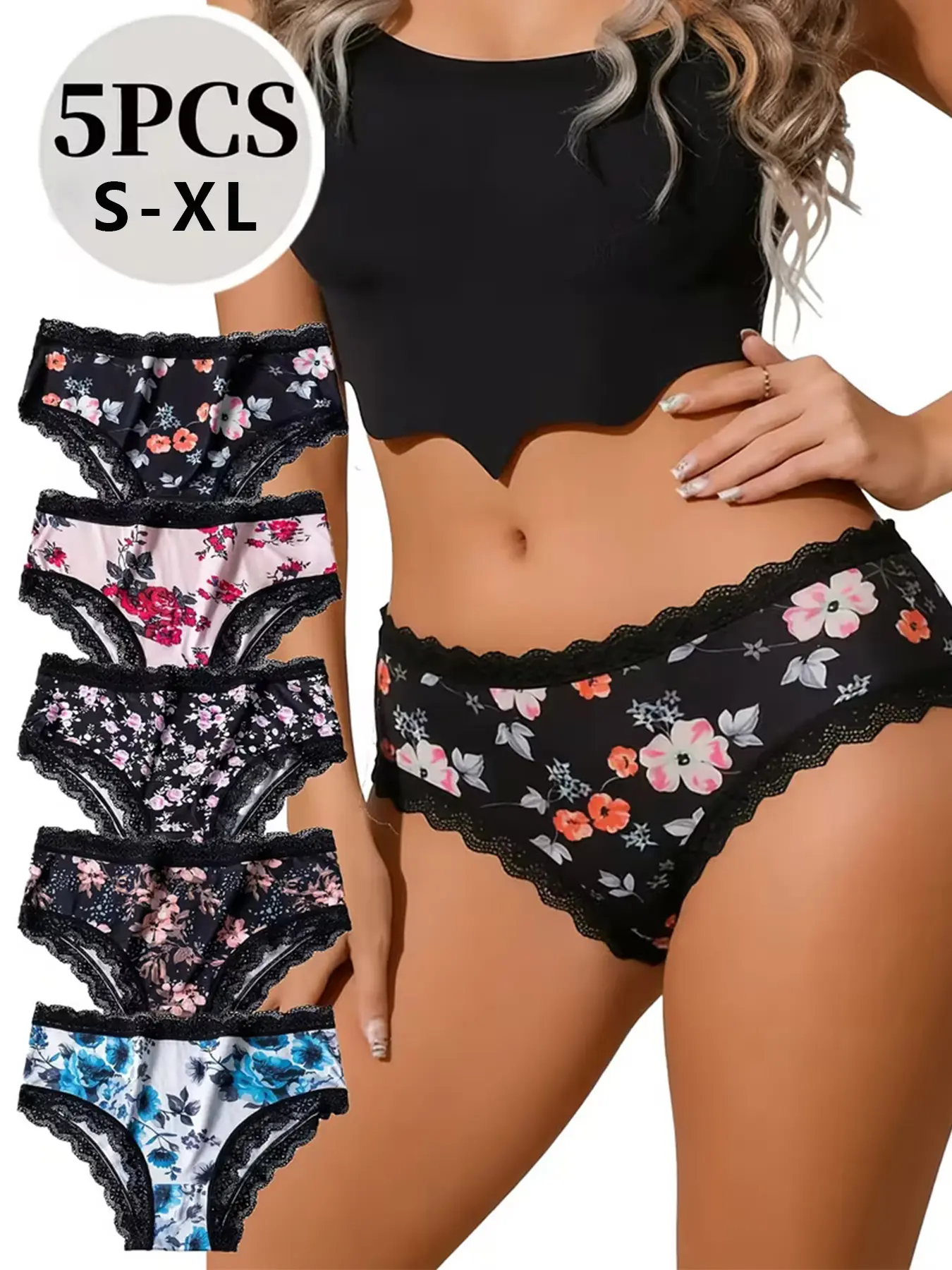 5PCS women's pattern underwear sexy small chrysanthemum lace comfortable breathable suitable for outdoor daily leisure sewing