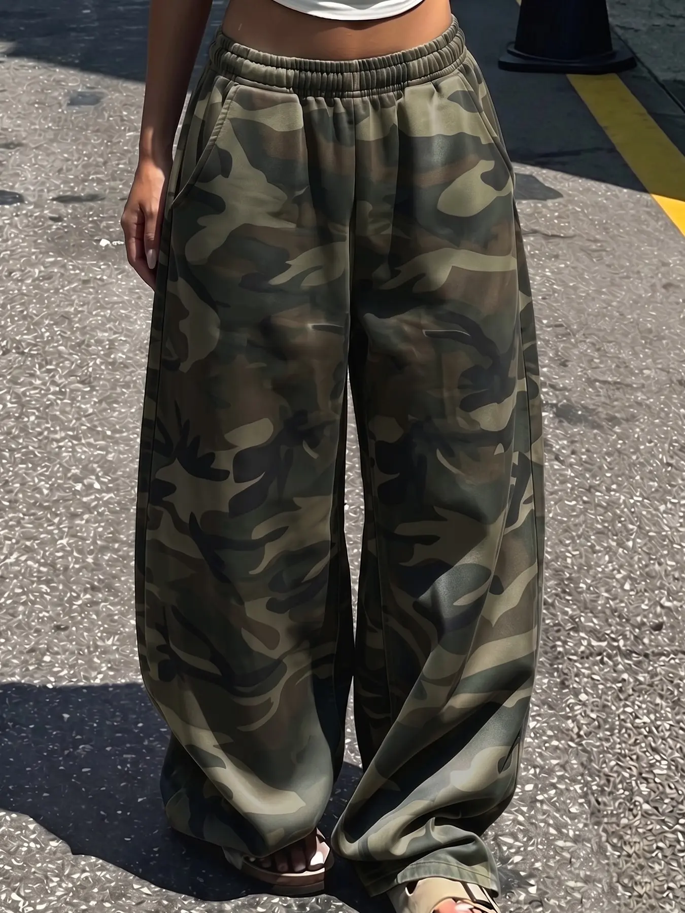 Women's street-style camo wide-leg sweatpants, elastic design, loose fit, soft and breathable fabric, suitable for daily commuting, outdoor camping, and casual outings, trendy vintage camo pants #CamoPants #StreetFashion #WideLegPants #OOTD