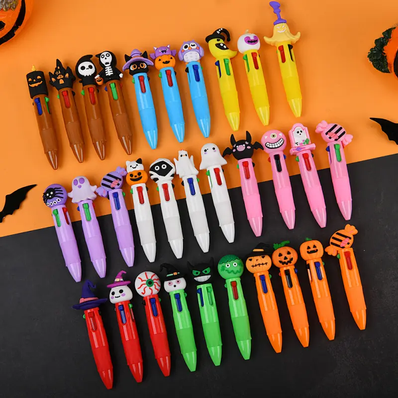 Four color press ballpoint pen, silicone Halloween cartoon head portable student account multi-color pen