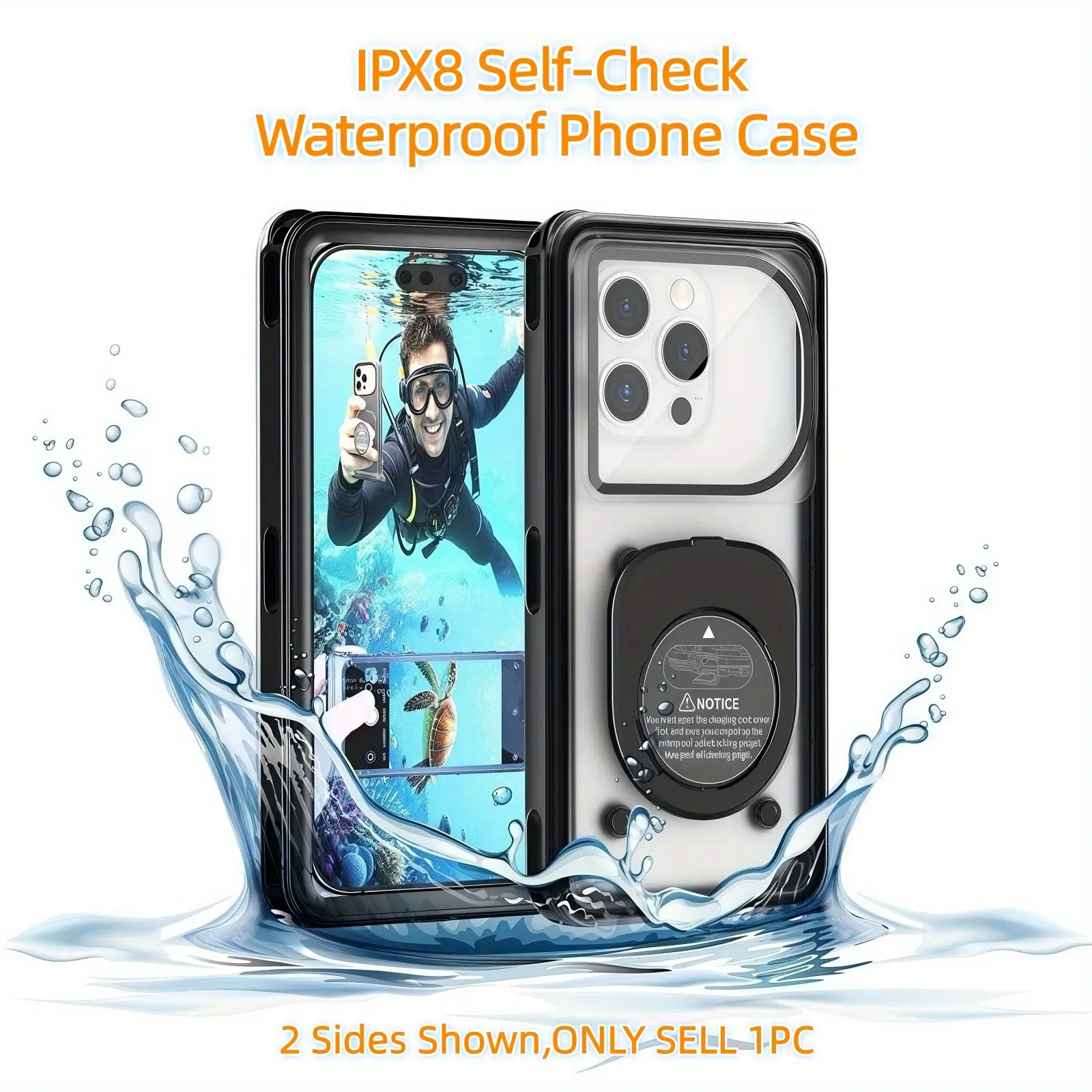 IPX8 Self-Check Waterproof Phone Case, Touch-Sensitive Clear Cover, Universal Fit For iPhone17/16/15 Pro Max, Samsung S25 Ultra/S24 & All Phones Under 6.9 Inch, 360 Full Shockproof Anti Drop Water Protection For Diving Snorkeling Surfing Outdoor