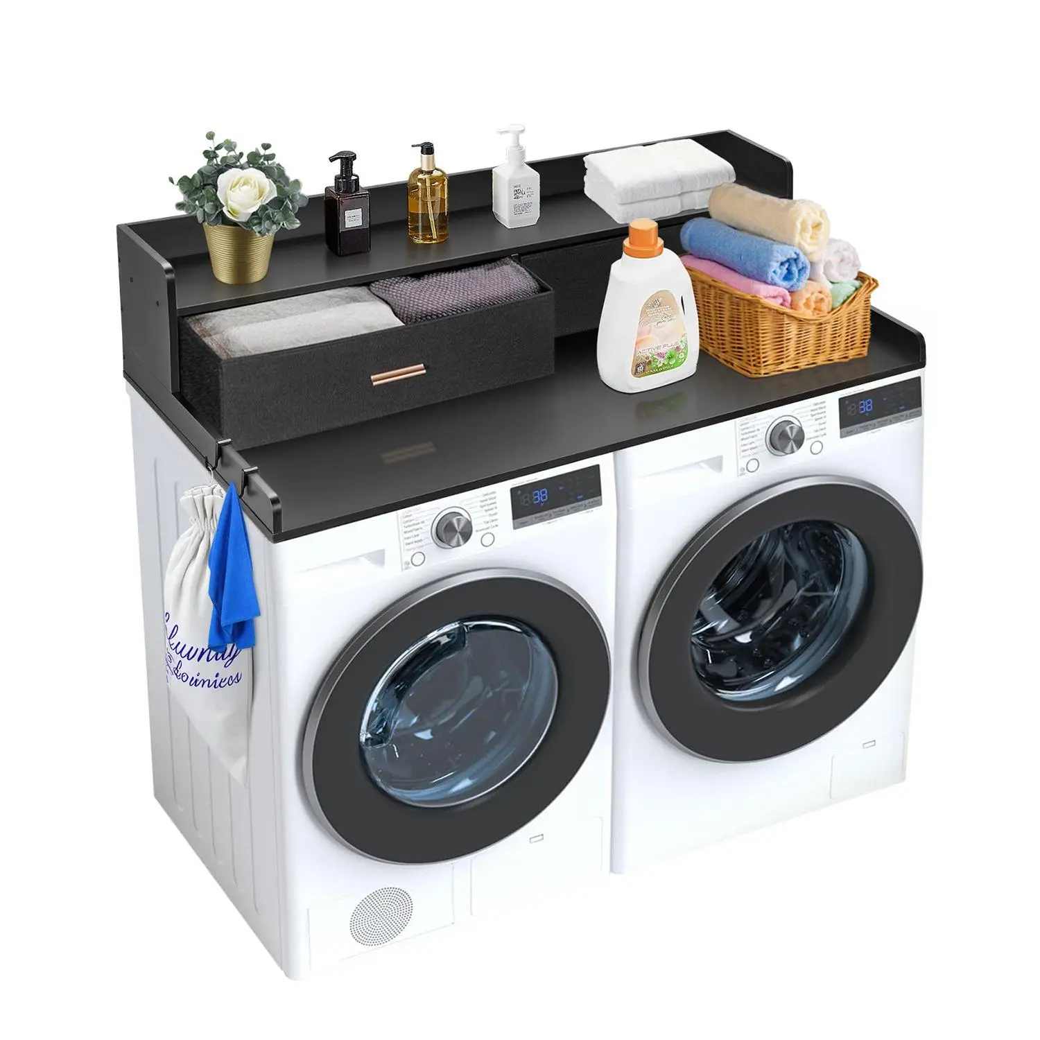 【toolupgrade】VEVOR 2 Drawers Washer Dryer Countertop with 2-Tier Shelf, 54" x 27" Wooden Washer and Dryer Countertop with Non-Slip Pads, Water-Resistant Laundry Topper for Laundry Room Organization, Black