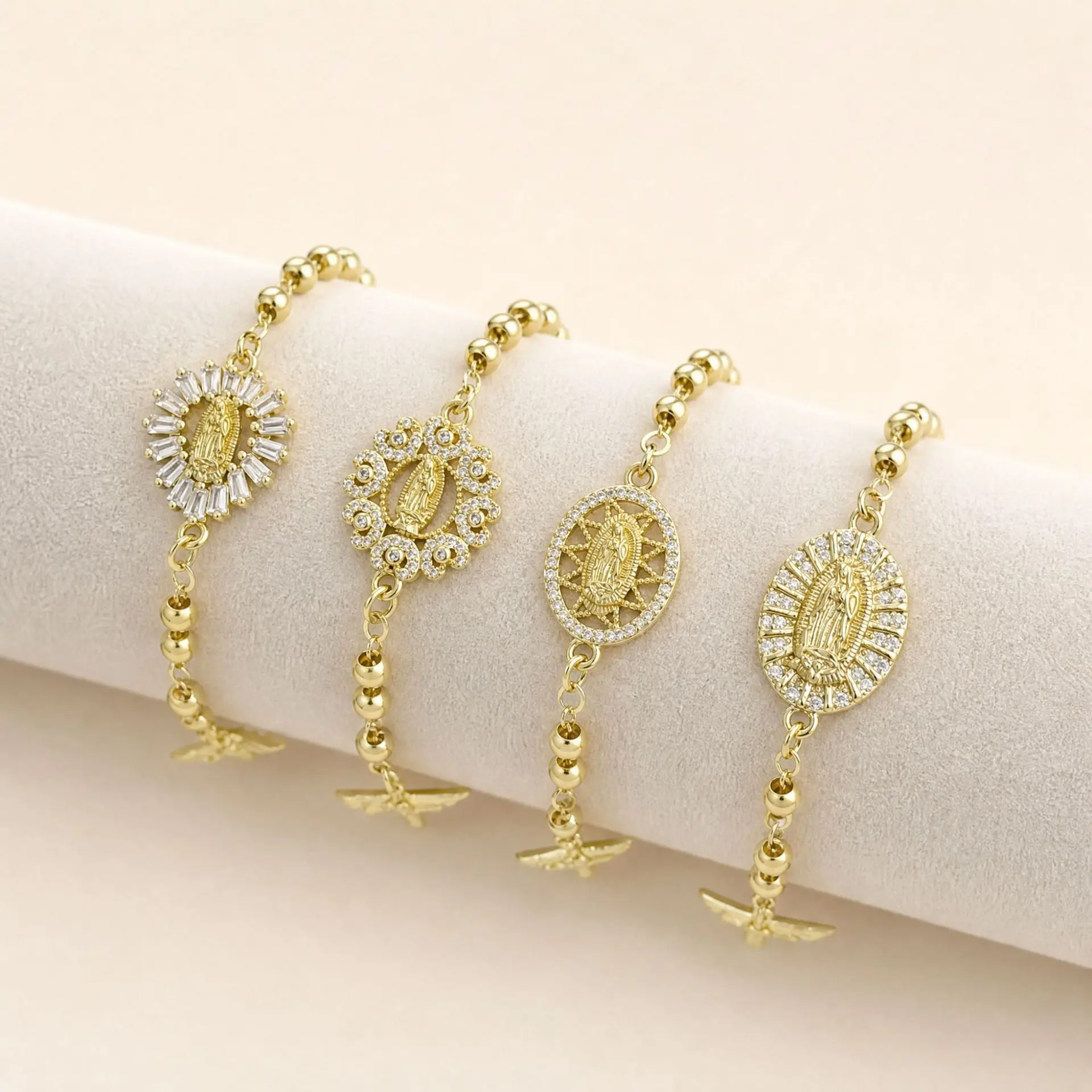 Women's Gold Beaded Bracelet Virgin Mary Jewelry - Virgen de Guadalupe Cubic Zirconia Halo Pendant, Sparkling Elegant Catholic Charm Religious Gift For Baptism