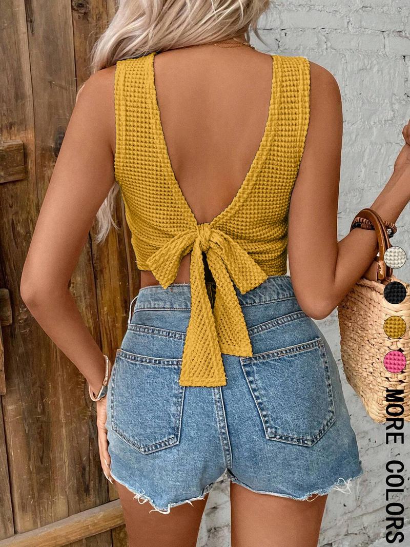 Women's Plain Tie Back Waffle Knit Tank Top, Cami Top, Casual Sleeveless Top for Daily Wear, Ladies Clothes for All Seasons