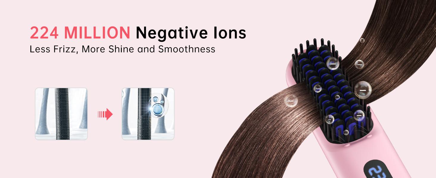 Cordless Hair Straightener Brush - Portable Straightener Brush with 9 Temp Settings, Mini Straightening Comb for Travel, 9600mAh Rechargeable Batt & 224 Million Negative Ions (Pink)