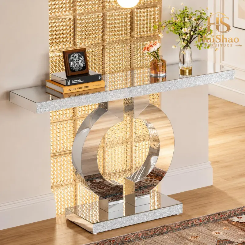 43-Inch Mirrored Console Table with O-Shaped Base, Modern Silver Entryway Sofa Table for Living Room, Hallway & Entrance