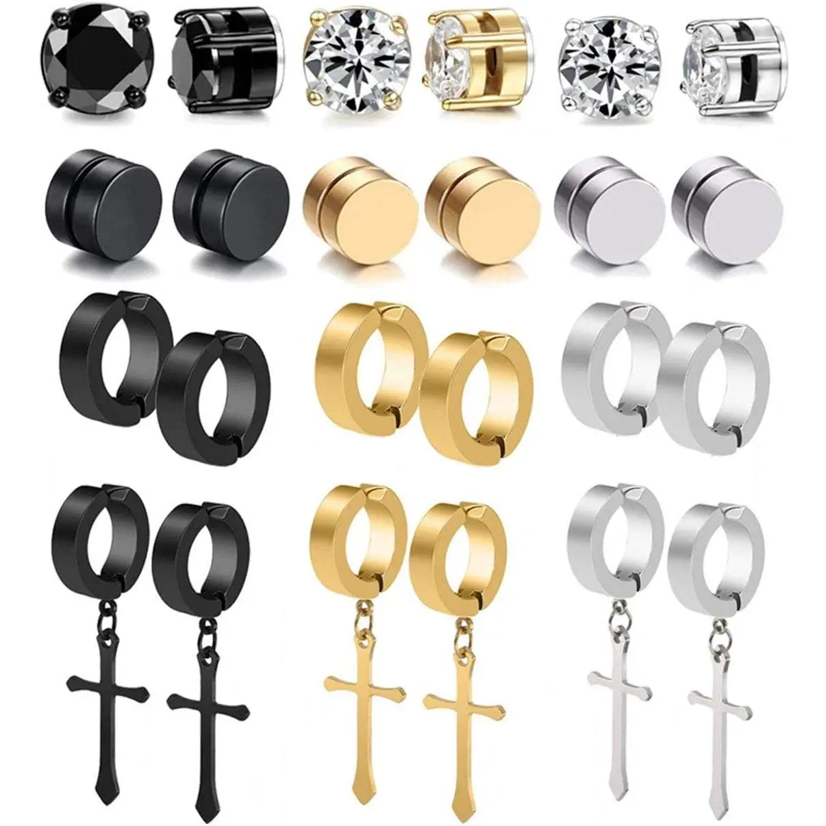 12 Pairs Stainless Steel Non Pierced Magnetic Earrings for Men Women| CZ Clip on Dangle Magnet Earrings Set