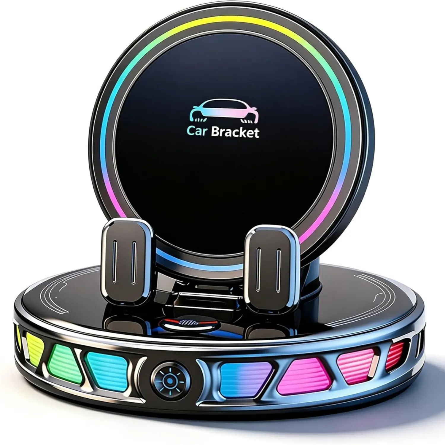 15w Car Phone Charging Mount with 7-Color RGB Light, Wireless Charging, 360° Rotation, Strong Suction Base, Compatible with iPhone, Samsung, Huawei, Car Charger