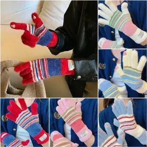 Korean Colorful Striped Girls' Gloves Winter Warm Knitted Plush Outdoor Cute Sweet Gloves Touch Screen Riding Skiing Gloves