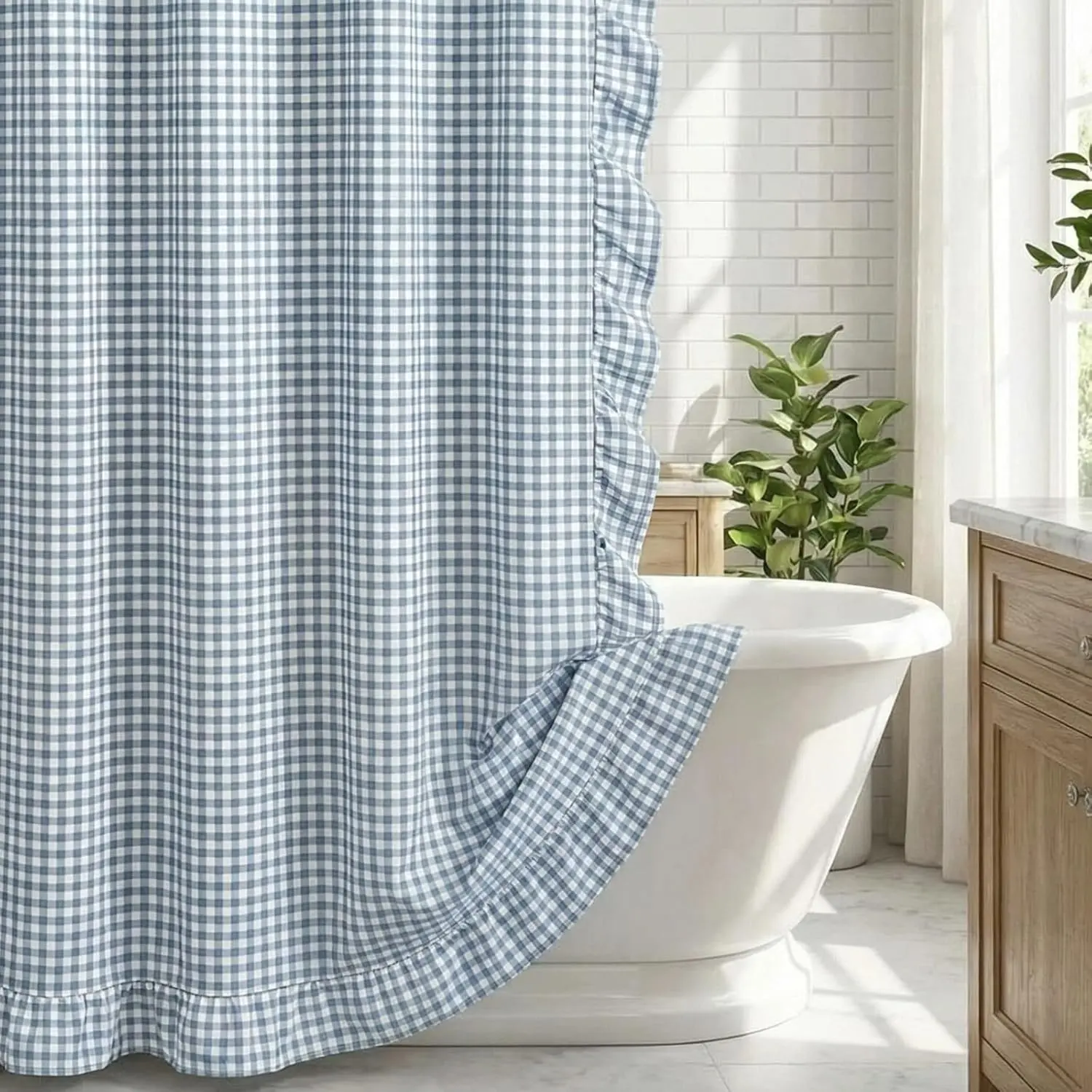 HunnmingRe Dusty Blue Ruffled Gingham Shower Curtain 72'' x 72'', Vintage Farmhouse Cotton Cottage Core Rural Plaid Fall Bathroom Curtain with 12 Hooks for Decor