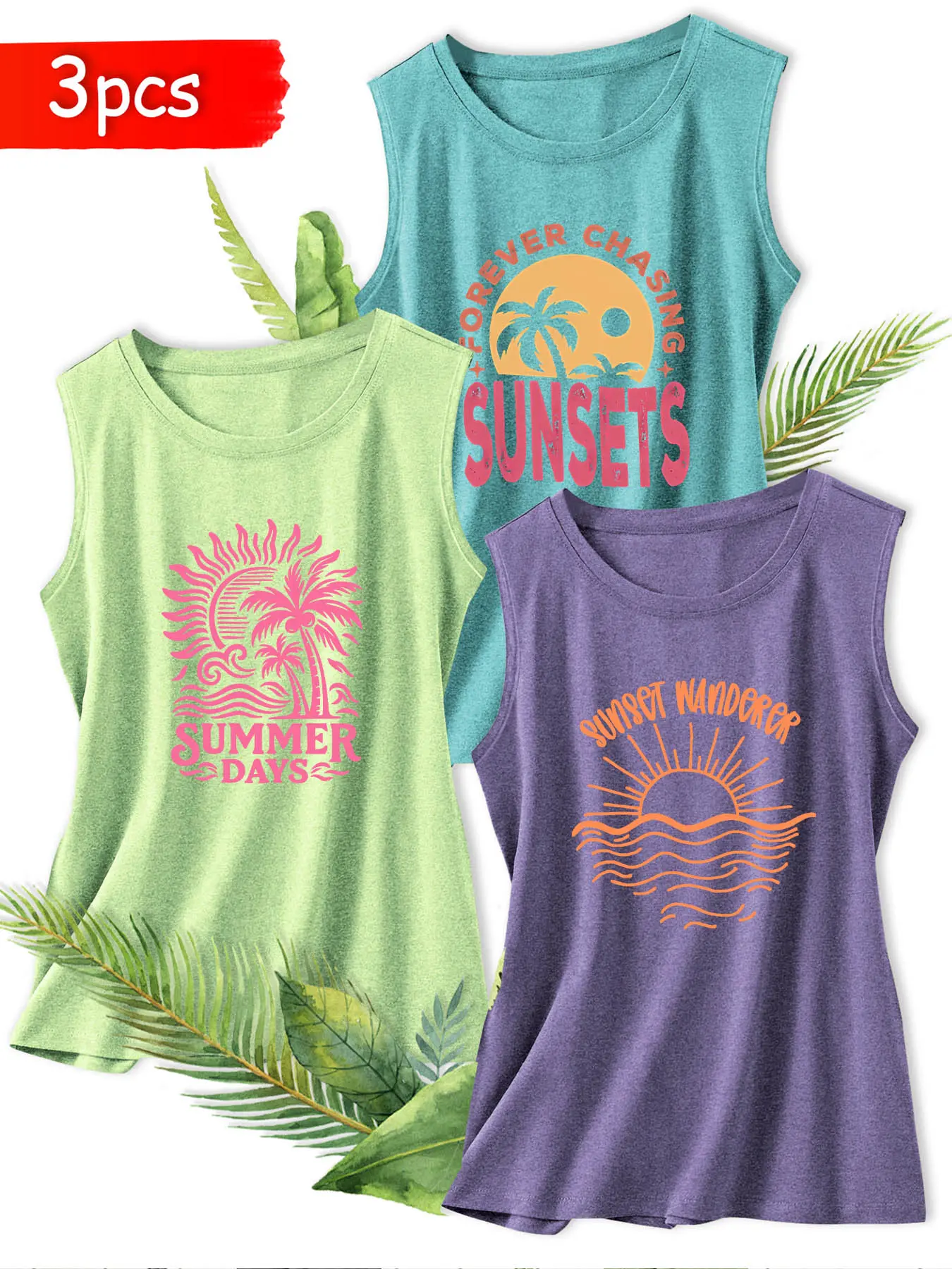 3PCS Women Crew Neck Sleeveless Tank, Summer Palm Sunset Slogan Print, multi-color, washable, soft summer top