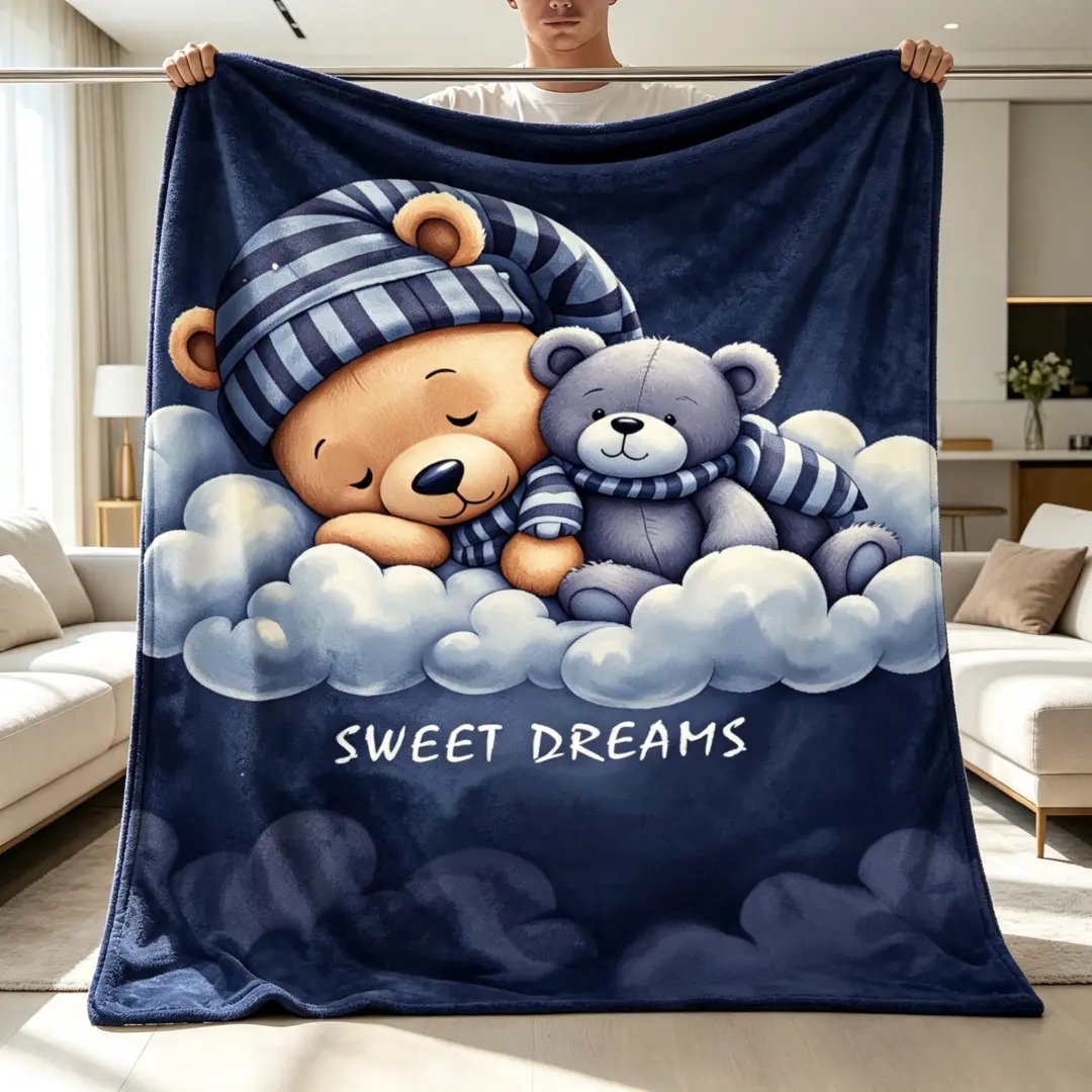 Teddy Bear Cloud Night Sky Flannel Blanket | Soft and warm, suitable for all seasons, perfect for sofas, beds, offices, shawls, camping, and travel. A travel essential and a wonderful gift for children, family, and friends.