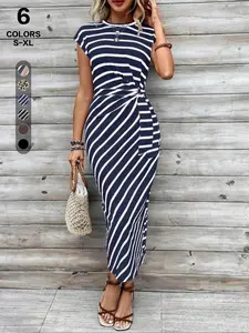 Women's Striped Print Bodycon Knot Fitted Dress, Elegant Short Sleeve Long Dress for Summer, French Style Ladies Clothes for Beach Holiday