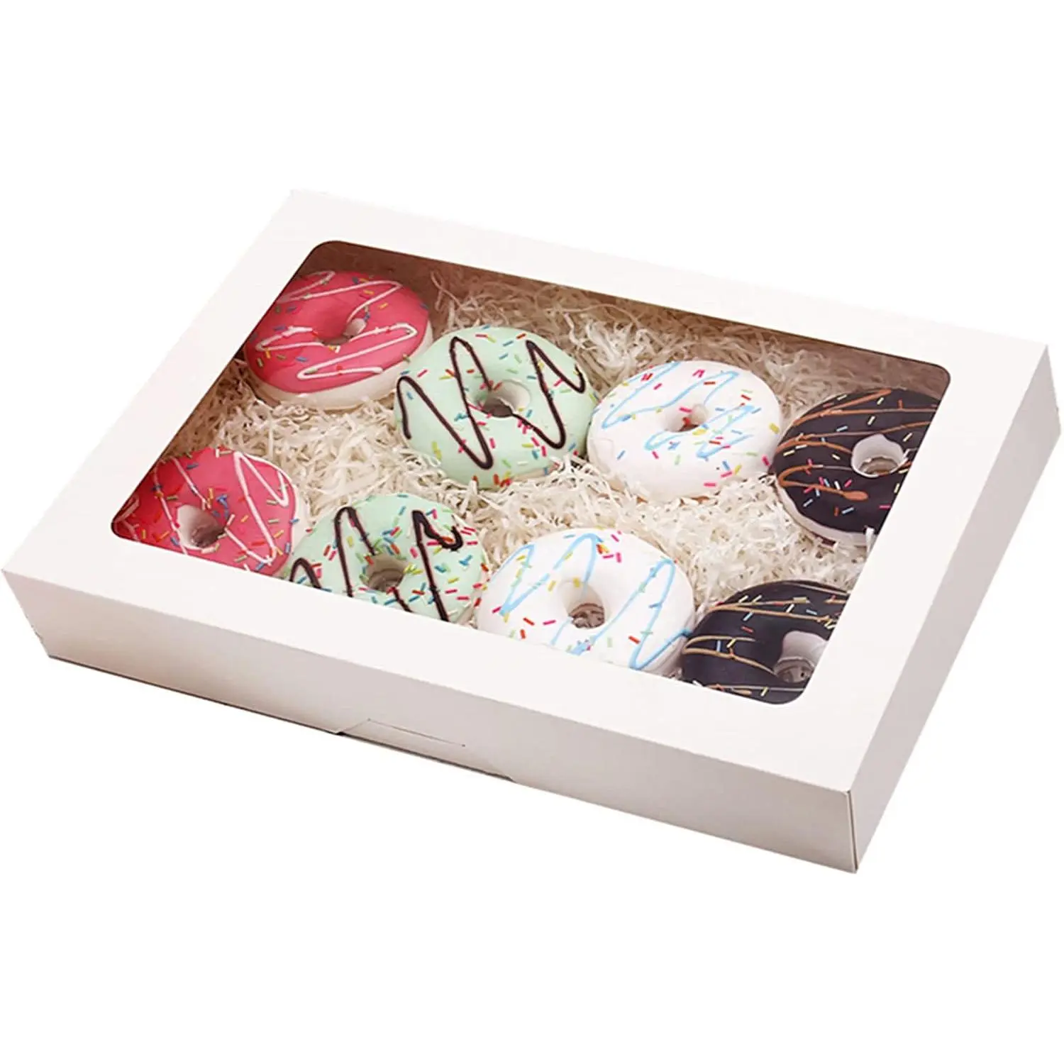 Cookie Boxes, 14" x 10" x 2.5" White Bakery Boxes with Window, Auto-Popup  Boxes, Pastry Boxes for Cookies, Donuts, Muffins and Strawberries [ Pack of 15 ]