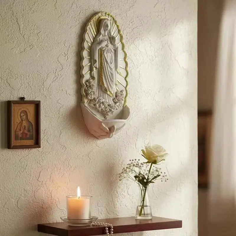 Elegant Wall-Mounted Resin Holy Water Font with Rosary Holder, Ideal for Church, Home, and Room Decor, Religious Wall Art, Ornate Religious Decor, Religious Decorations, Home Spiritual Decor