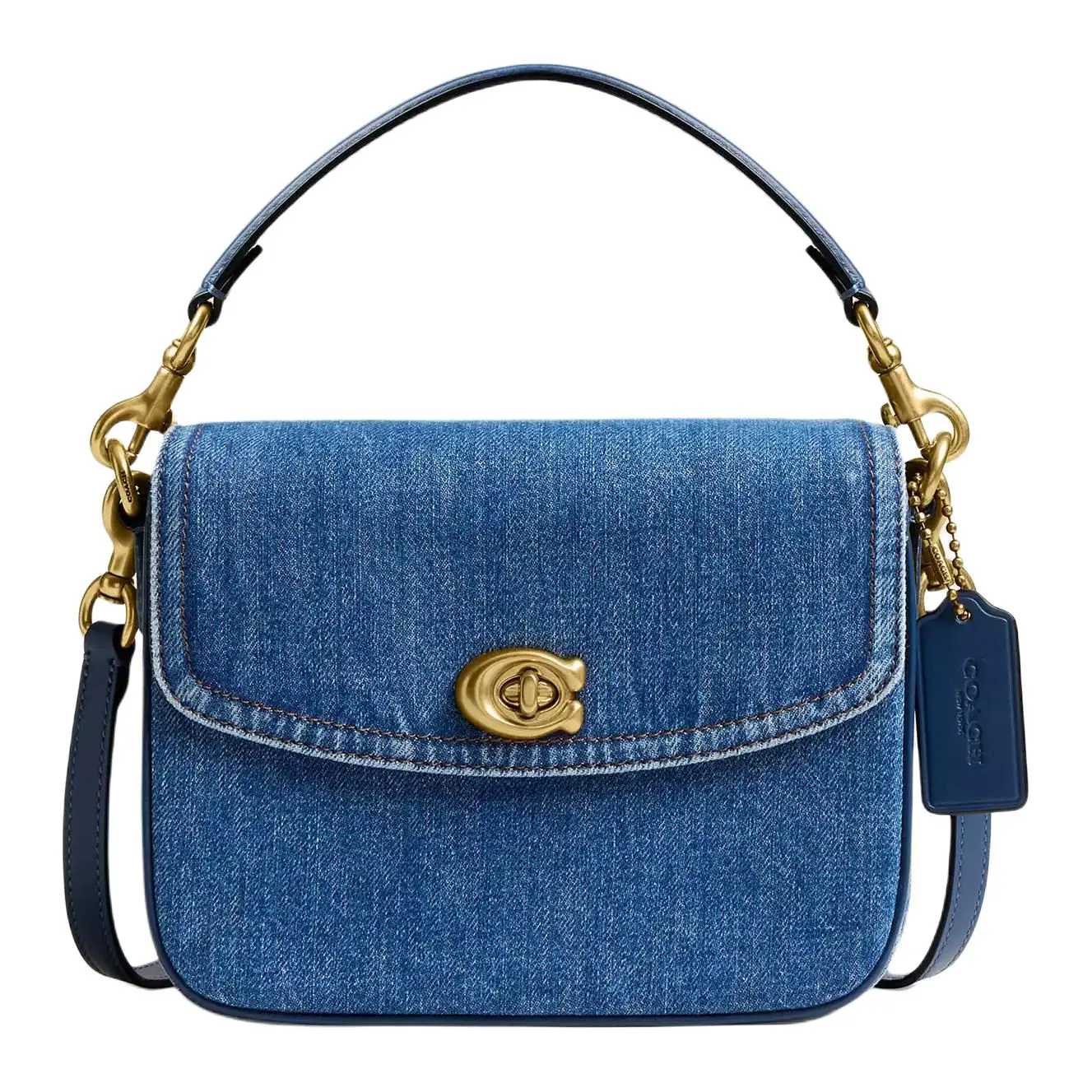 COACH Cassie 19 Crossbody Handbag for Women – Denim and Calfskin Blend with Metallic Accents, Small Size, Navy Blue