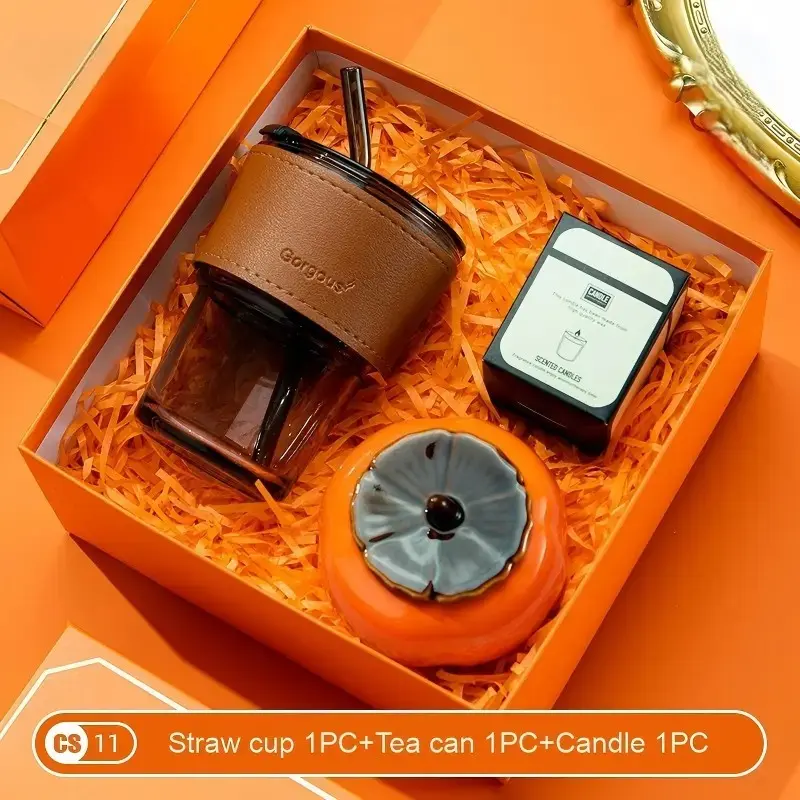 1set orange gift box set, straw cup/umbrella/handheld fan/coral fleece towel/candle/tea can/keypen combination set optional - company gift for customers/employees, wedding/birthday/teacher/student/Graduation Gifts