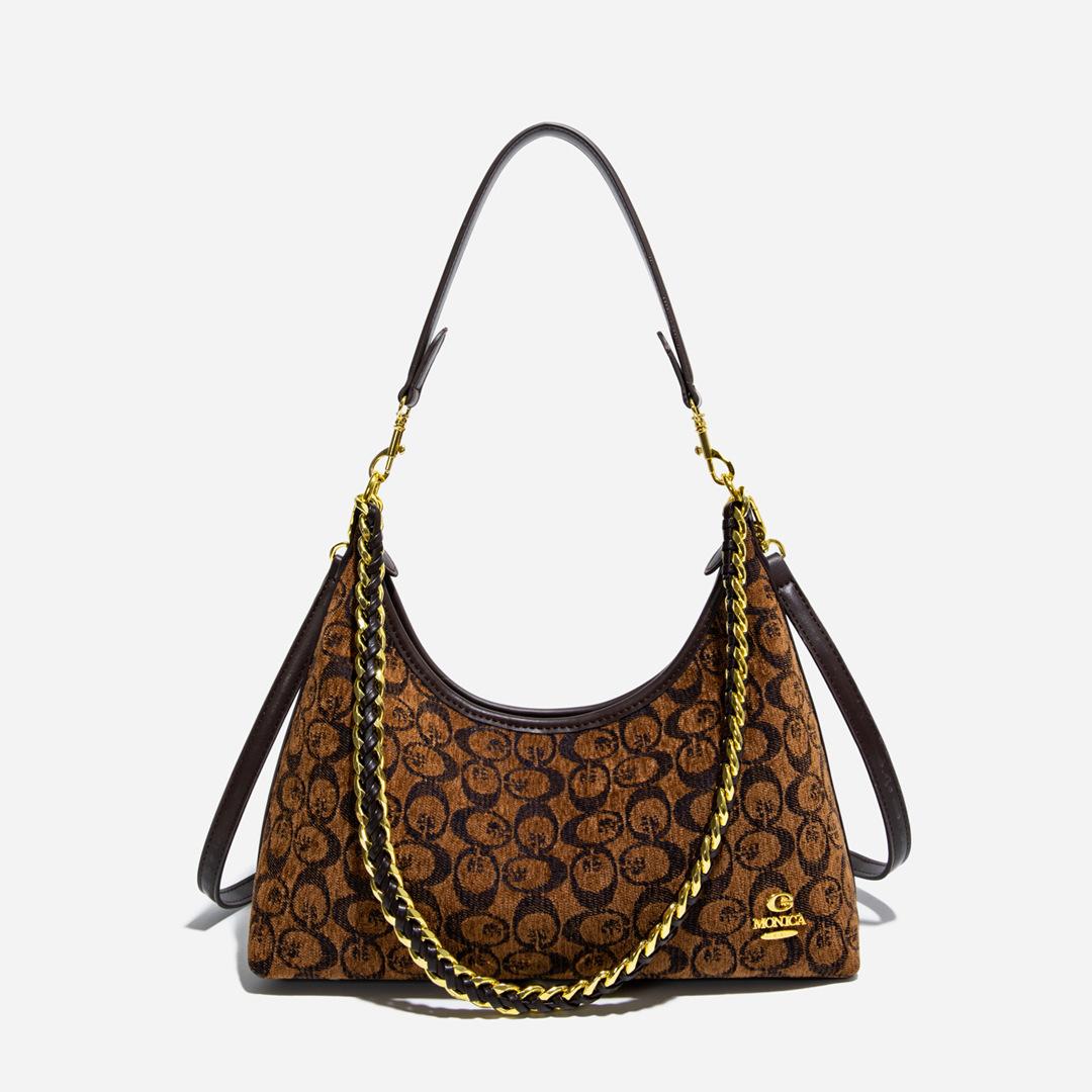 Monica KiKi Chenille coffee color Niche Tote Bag for Women, New High-End Elegant Letter Shoulder Bag, Fashionable Crossbody Bag
