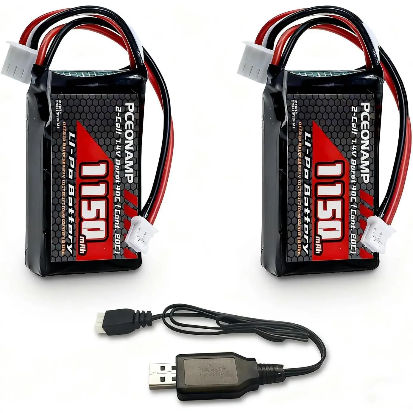 1150mAh 7.4V 2S LiPo Battery with PH2.0 Connector 20C Burst 40C for SCX24 RC Crawler with Charger Cable
