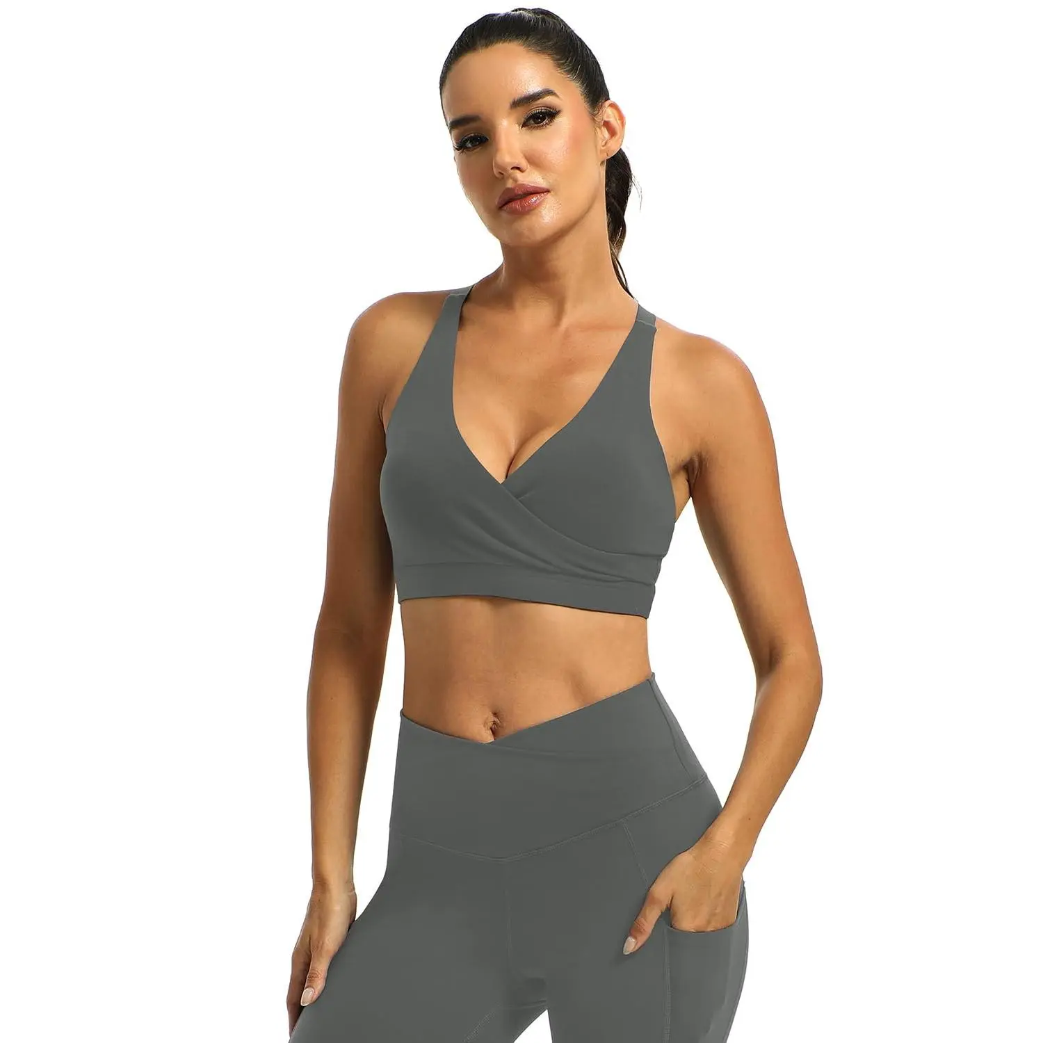 【ICTIVE】Women's Padded Sports Bra - Nylon Fabric, Racerback Cut, Criss Cross Back, Supportive Gym Bra for High Impact Yoga Workouts