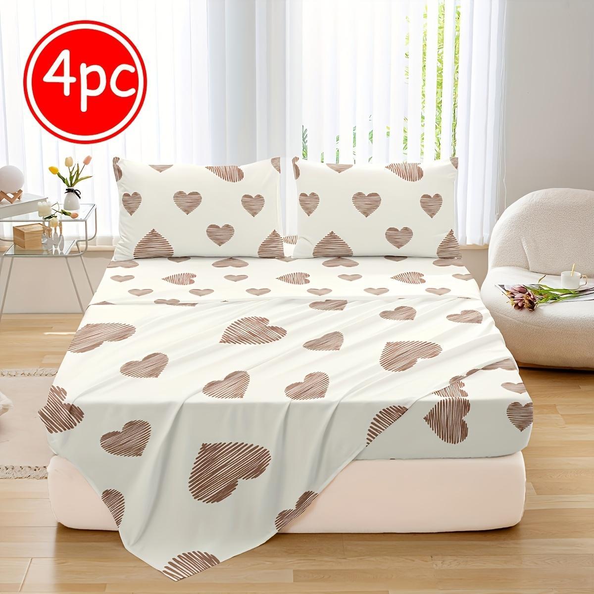 Heartbeat Wave Pattern Bedding Set, Including 1 Fitted Sheet & 1 Flat Sheet & 2 Pillowcase without Filler, Soft Comfortable Bedding Set for Home Bedroom
