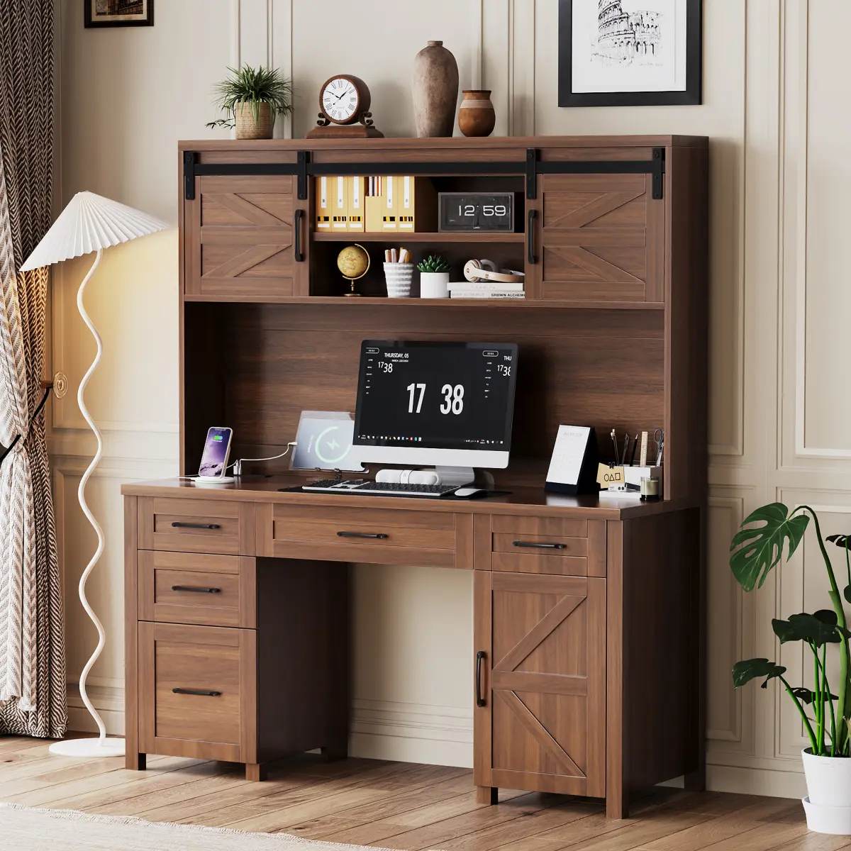 [Bellemave]Farmhouse Executive Desk with Hutch and Charging Station, Computer Desk with 2 Sliding Barn Doors, 5 Drawers & Storage Cabinet with 3-Position Adjustable Shelf, Desk for Home Office, Bedroom, Walnut