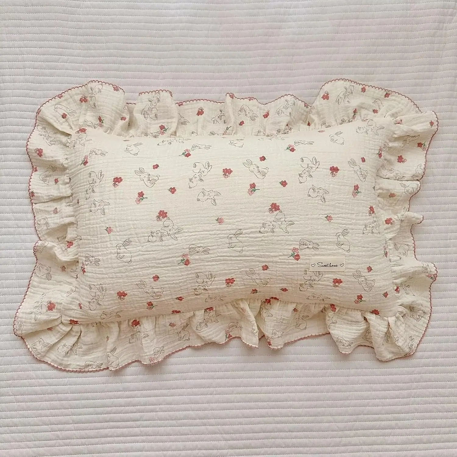 Unisex Ruffled Edge Muslin Cotton Toddler Pillow Cover, Oeko-Tex Safe Soft Breathable Animal Flower Themed Pillowcase, 14"x20" Envelope Close for Crib/Toddler Bed