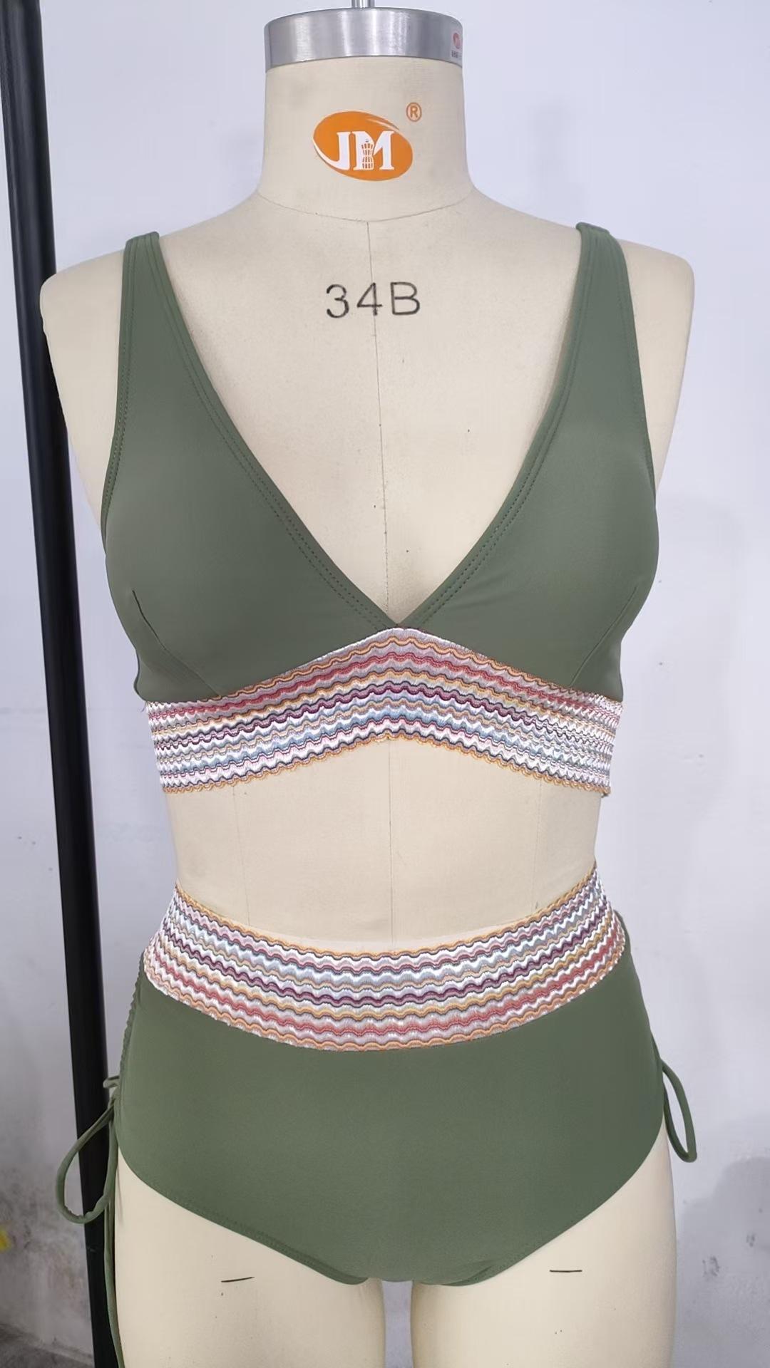 European and American style two-piece swimsuit for women, sexy solid color V-neck tight-fitting backless high-waisted bikini,   women's swimsuit