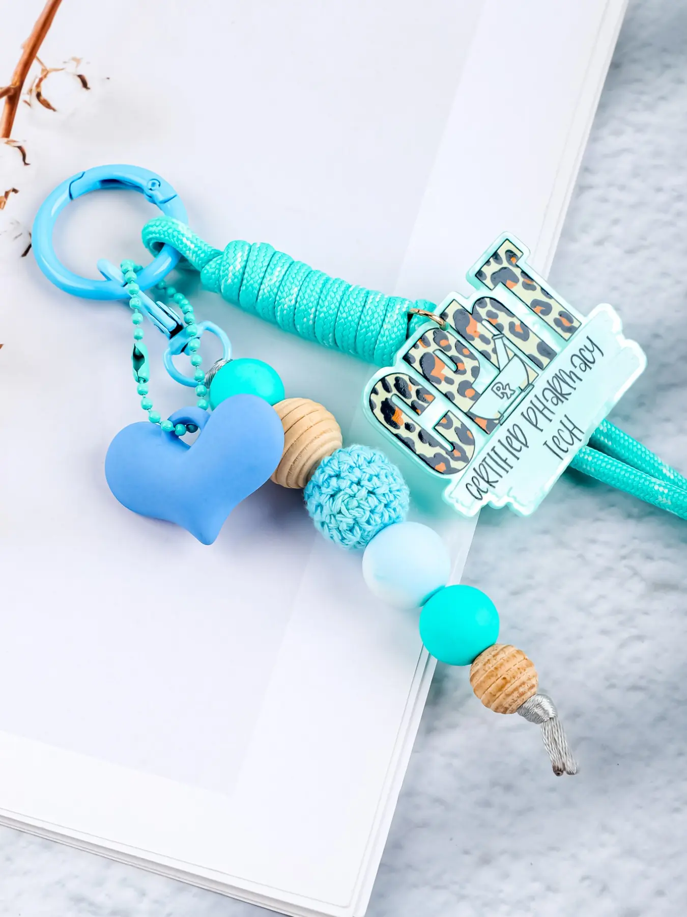 Boho Braided Keychain with Rainbow Acrylic Tag, Heart Shaped Keychain, Wooden & Silicone Bead Wrist Key Ring, Pastel Color Bag Charm, Women's Gift for Teachers/pharmacists, Beaded Keychain, Wristlet Keychain