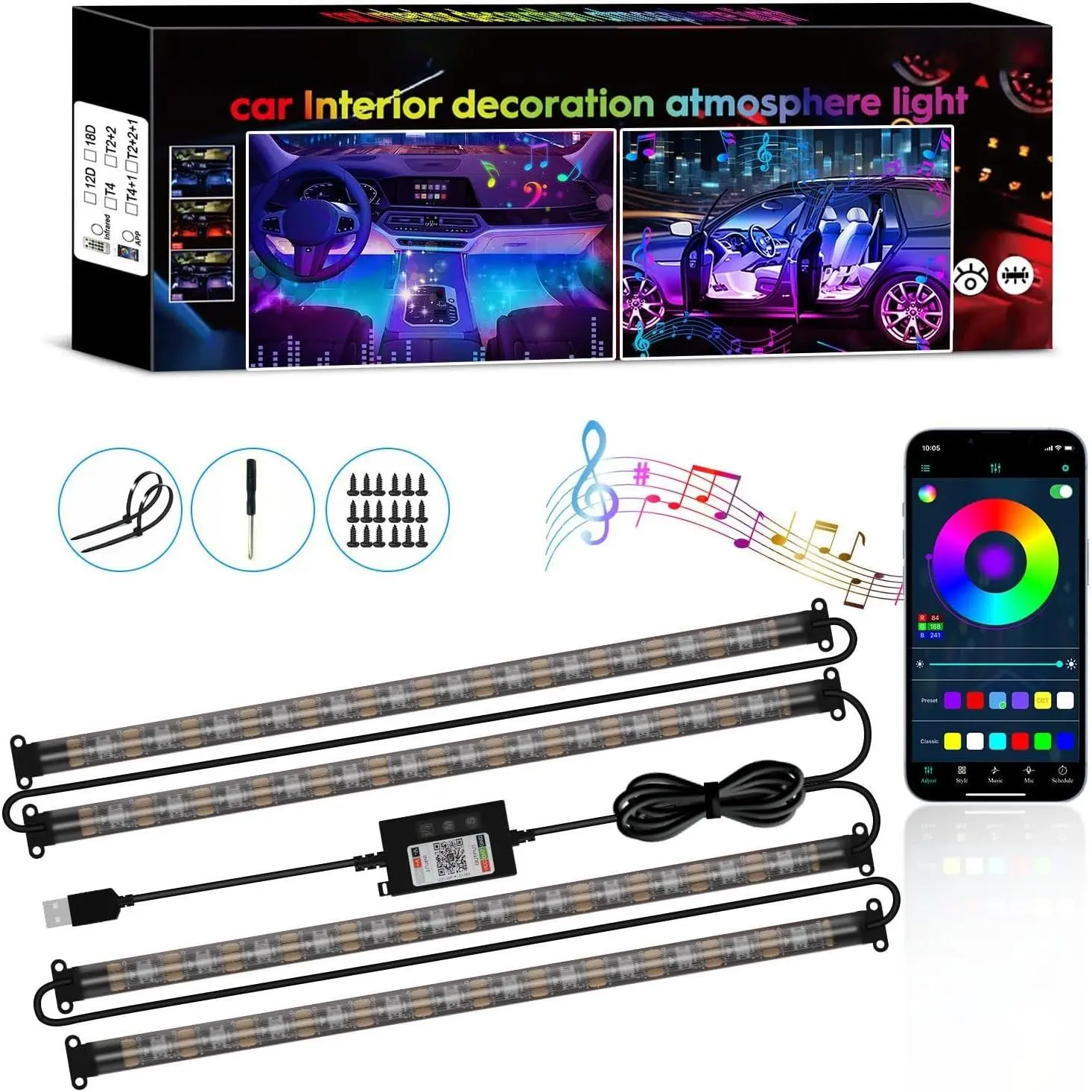 Led Strip Lights, RGB  Interior Lights with App Control, Under  Footwell Automotive Led Light Strip,  Ambient Lighting (1set)