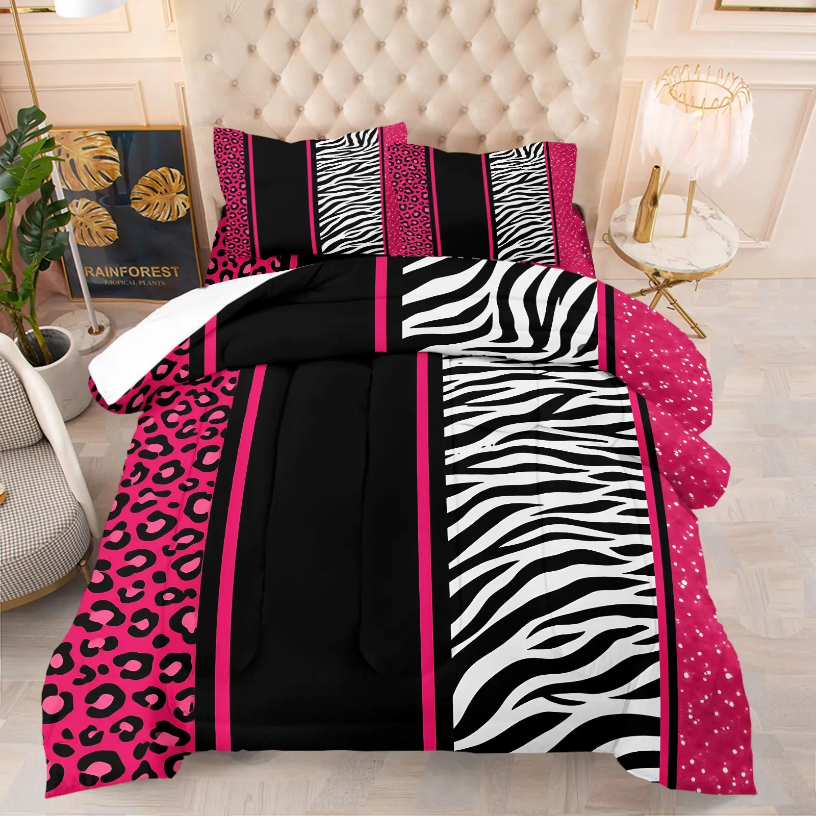 Pink Leopard Zebra Stripes Patchwork Fashion Comforter Bedding Set, 1 Comforter + 1-2 Pillowcases, HD Digital Printed, Soft Comfortable Skin-Friendly Washable Fabric, Chic Wild Animal Pattern Girls Room All Season Decor Quilt