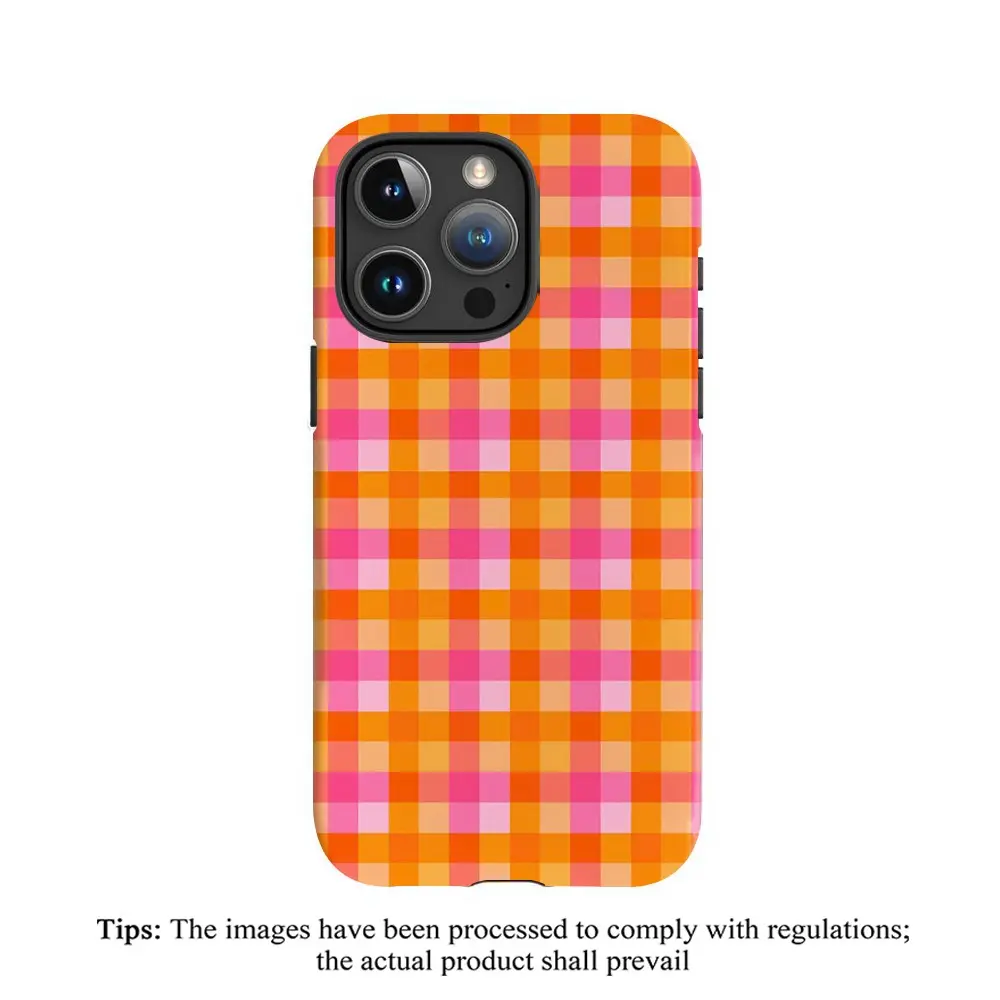 Orange and pink checkered print Durable 2-in-1 phone case, TPU smartphone casing, compatible with iPhone 17, 16, 15, 14, 13, 12, 11 Pro Max Plus, and Samsung Galaxy S26, S25, S24, S23 Ultra. Stylish and scratch-resistant, it makes a great gift.