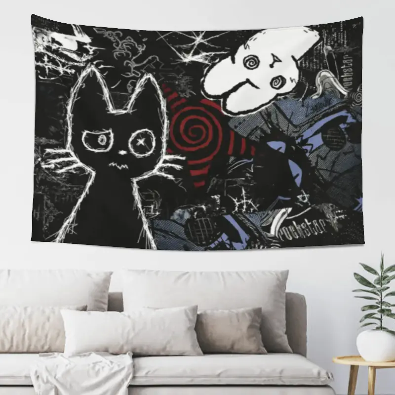 Grunge Black Cat Collage Tapestry 5ft x 3ft 60in x 40in, Emo Gothic Alternative Art Wall Hanging Tapestry for Bedroom Dorm Living Room Game Room Backdrop, Peach Skin Fabric Indoor Outdoor Home Decor Wall Art Gift for Dark Aesthetic Room Decor