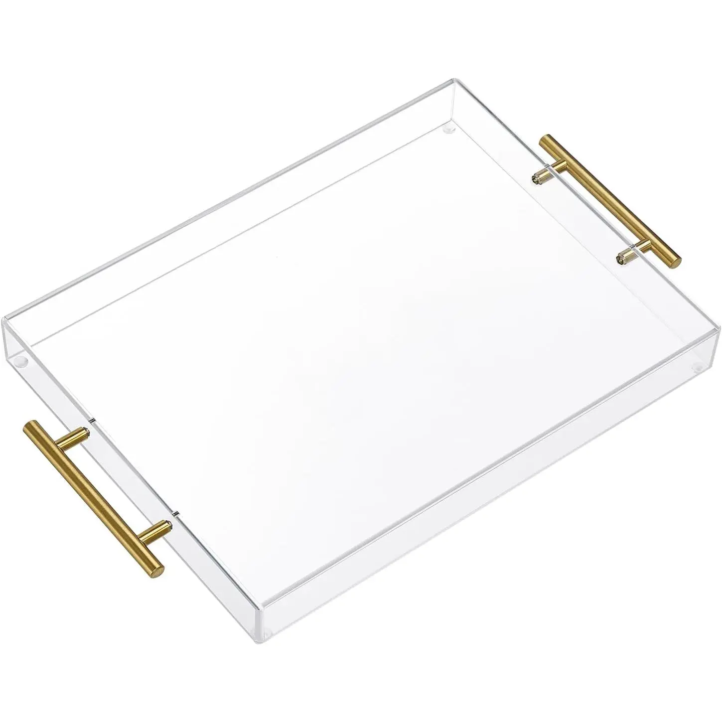 12"x16" Clear  Serving Tray with Golden Handles, Sturdy Huge Capacity  Tray for Coffee, Juice, Kitchen and Desk Organizer, Storage Tray (12"x16")