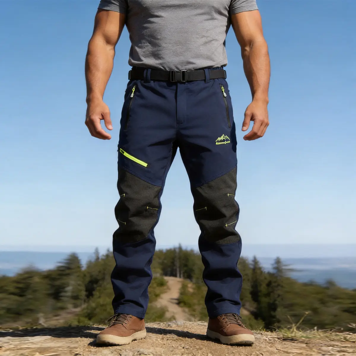 Men Navy Paneled Stretch Outdoor Hiking Pants, Multi Fluorescent Zipper Pockets Knee Reinforced Trekking Trousers, Water Resistant Breathable Climbing Cargo Pants for Men, Ideal for Camping Mountaineering